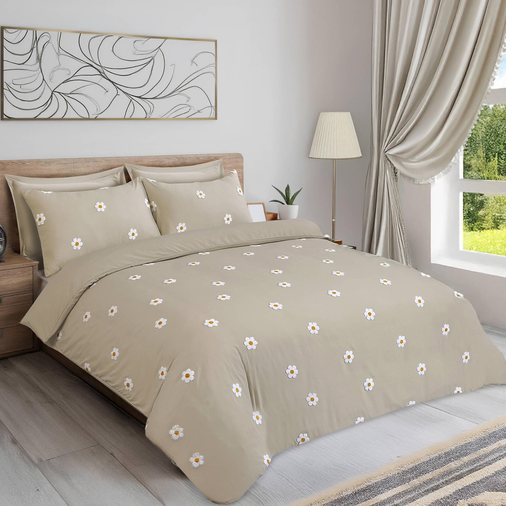 LYMA Bedding Duvet Cover Set Double Daisy Tufted, OEKO-TEX Certified, Ultra Soft NanoPlush Double Brushed Quick Dry Fabric & Button Closure, Wrinkle Fade Resistant Quilt Cover with Pillowcases (Beige) — image 1