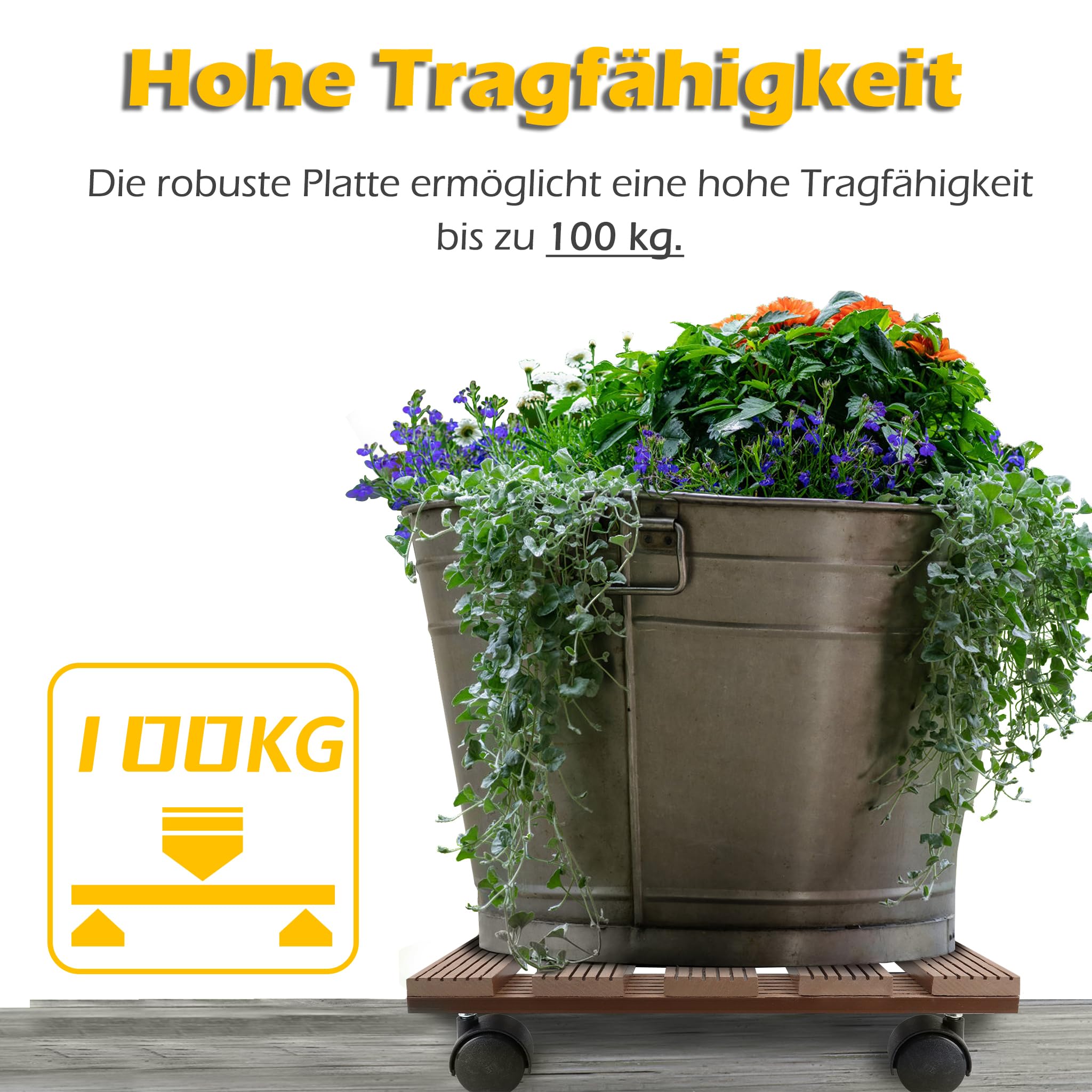 UISEBRT WPC - Carrito para plantas, 30 x 30 cm, capacidad de carga de 100 kg, con ruedas, con bloqueo, para exteriores e interiores (marrón, rectangular)