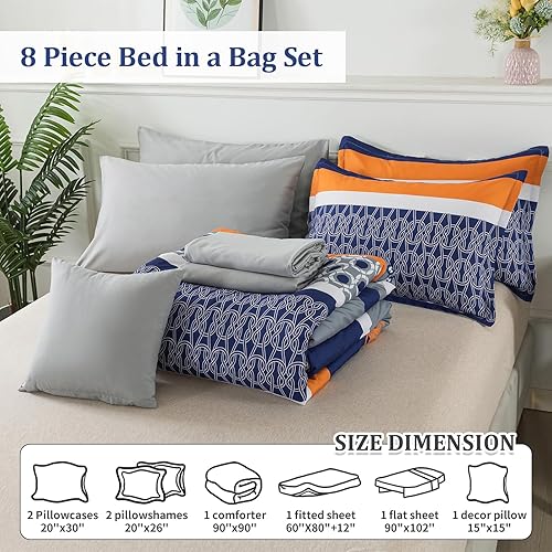 Miniatura 7 de Juego de ropa de cama con edredón y sábanas, tamaño Queen, de 8 piezas, azul, en una bolsa, diseño de rayas y retazos, bohemio, de microfibra suave