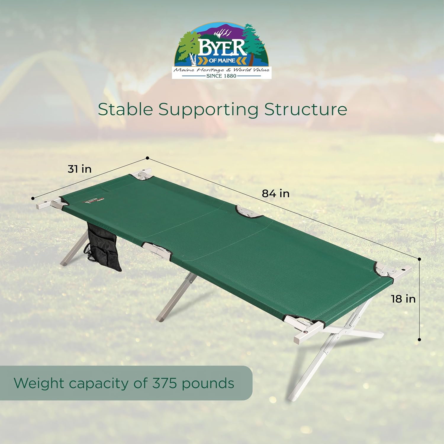 BYER OF MAINE Military Cot, Folding cot, Reinforced Aluminum/Steel Frame, Extra Large Size, Holds 375lbs