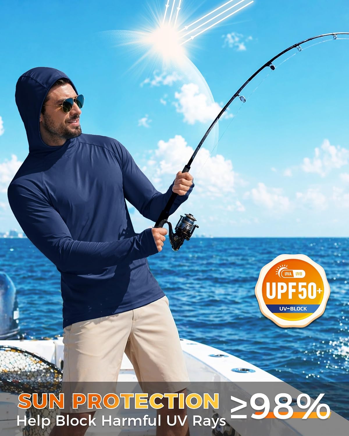 Boladeci Men's UPF 50+ Sun Protection Hoodie Shirts Lightweight Long Sleeve Rash Guard Fishing Swim Shirts