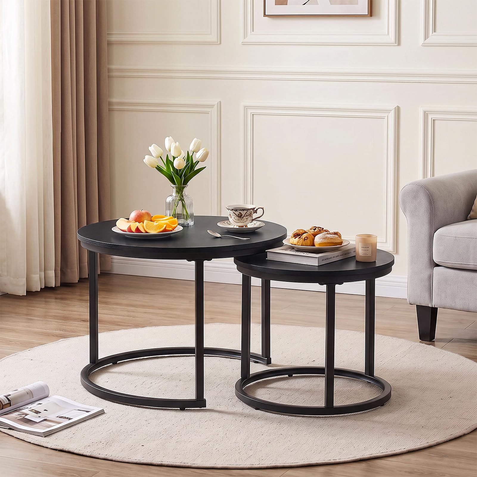 Warmiehomy Round Nesting Coffee Tables Set of 2, Wooden, 60x60x45cm,Black — image 1