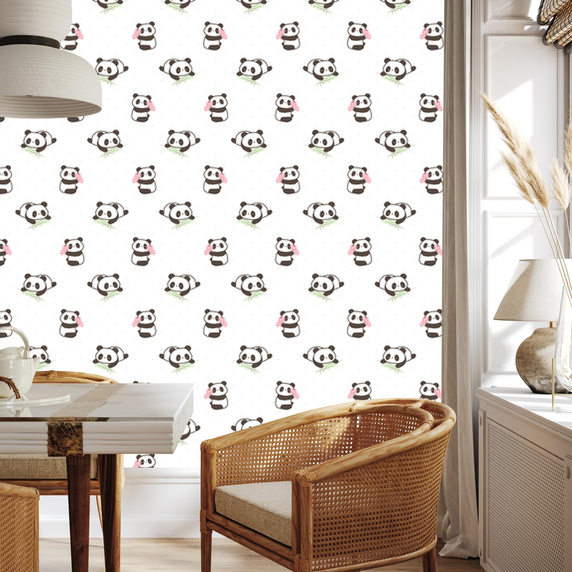 Vliestapete Pandas mit Blumen 50 x 1000 cm | Florale Pflanzenkomposition; Eleganter Naturakzent; Harmonische Raumbegrünung; Kleister im Set