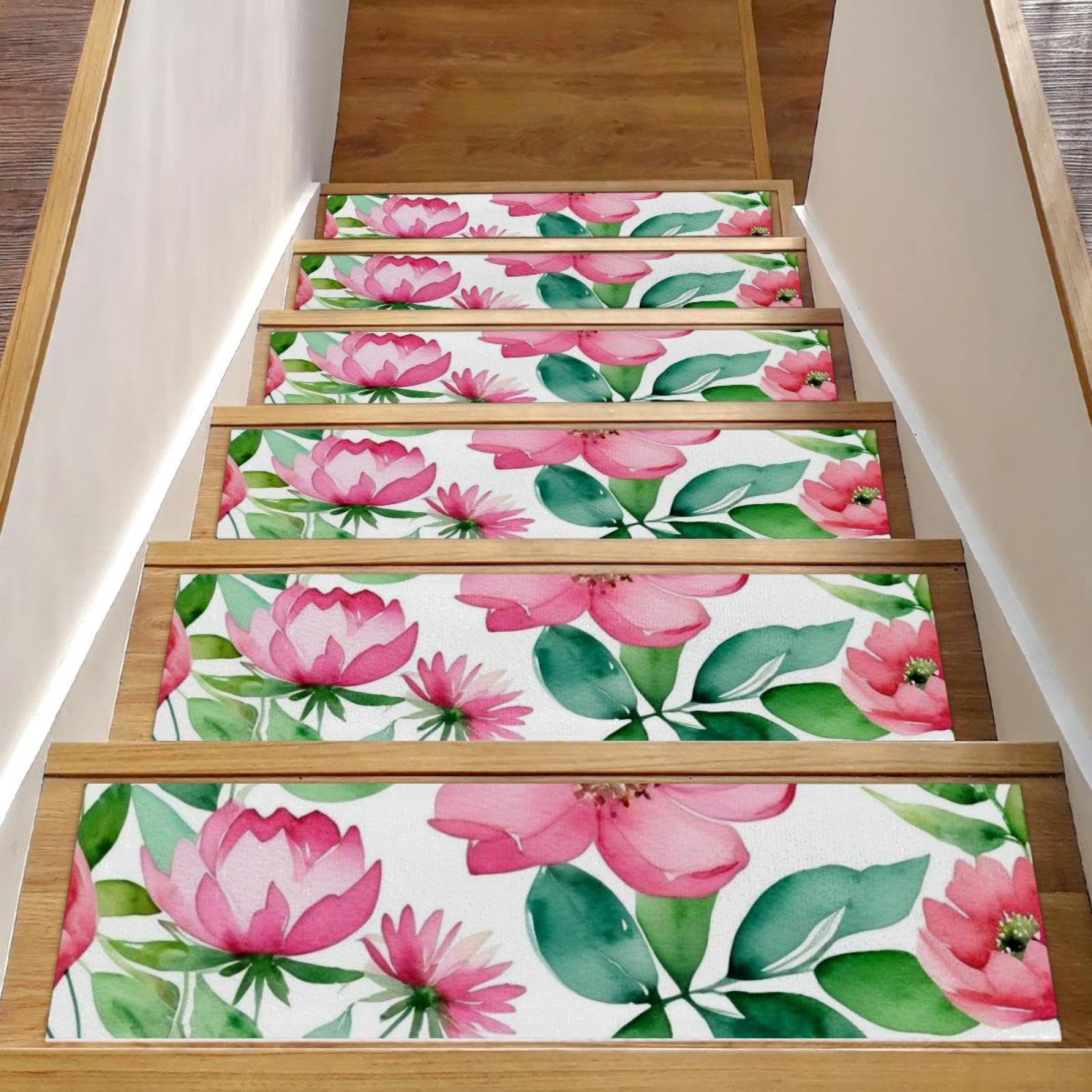 Peldaños de escalera decorativos de flores verdes alfombras para escaleras de madera en casa