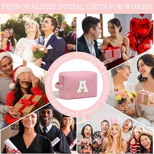 Miniatura 6 de YOOLIFE Bonita bolsa de maquillaje con inicial, bolsa multifuncional para maquillaje, bolsa de cosméticos, regalos de cumpleaños para mujer, Rosado,