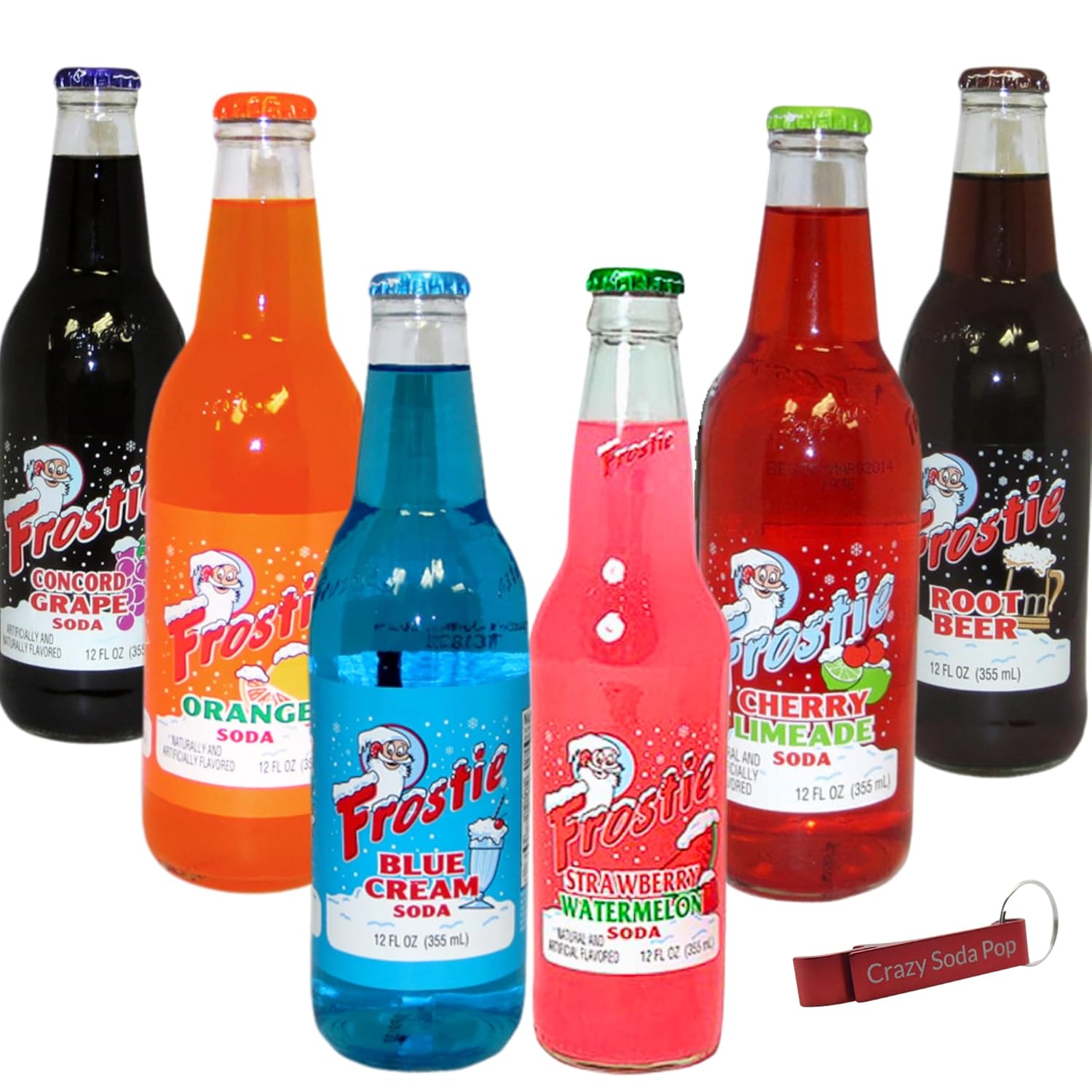 Frostie Variety Pack | 6 Pack of Frostie’s Most Popular Soda Flavors | Real Cane Sugar | 12 oz Glass Bottles in 6 Pack with Crazy Soda Pop Bottle Opener (6 Pack)