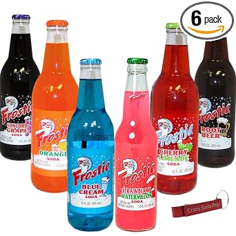 Frostie Variety Pack | 6 Pack of Frosties Most Popular Soda Flavors | Real Cane Sugar | 12 oz Glass Bottles in 6 Pack with Crazy Soda Pop Bottle Opener 6 Pack