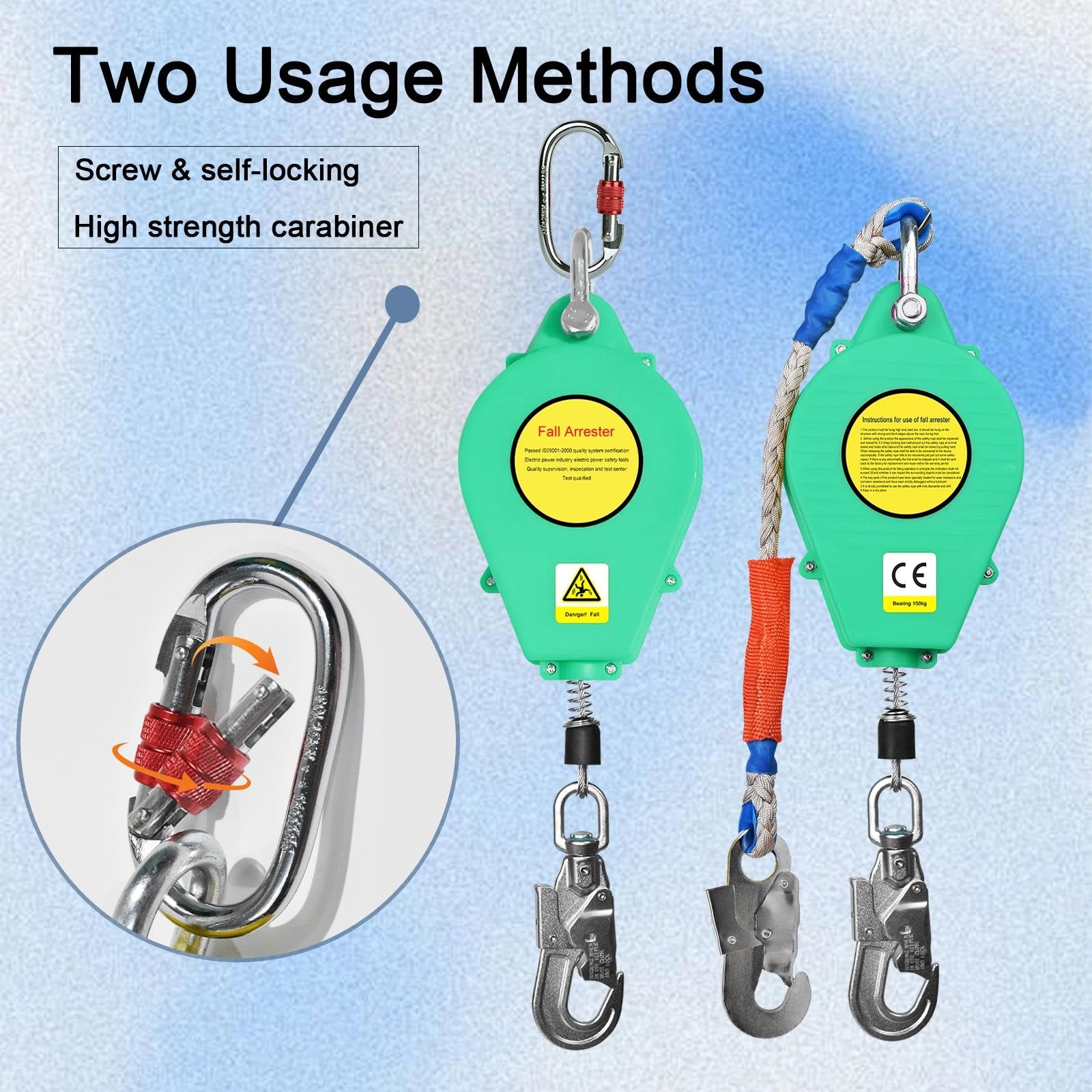 Dispositivo Anticaduta Retrattile Certificato CE, Professionale Anticaduta a Richiamo Automatico, Dispositivo di Sicurezza Anticaduta con Gancio Girevole a 360°, Capacità: 150KG(Verde,10m)