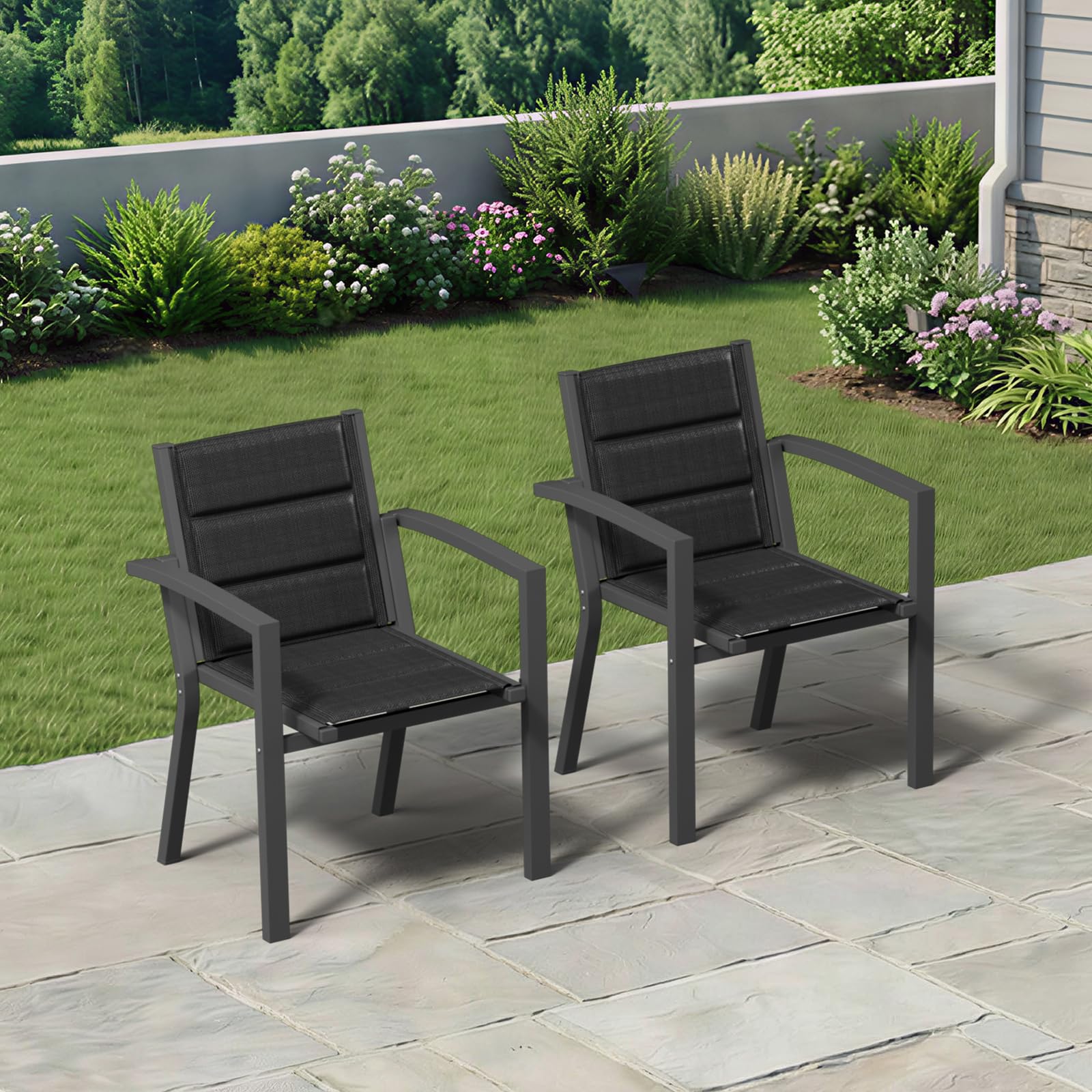 TRIUMPHKEY Gartenstühle Stapelbar, 2er Set Aluminium Gartenstuhl mit Armlehnen, Garten Stapelstühle, Balkonstühle, Garten Esszimmerstühle, Wetterfeste Terrassenstühle, Dunkelgrau
