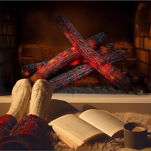 Miniatura 5 de Tuanse 4 piezas de 16 pulgadas sin llama de leña de fuego falso, decoración de camping, chimenea sin llama, luz LED, registro de fuego falso para el