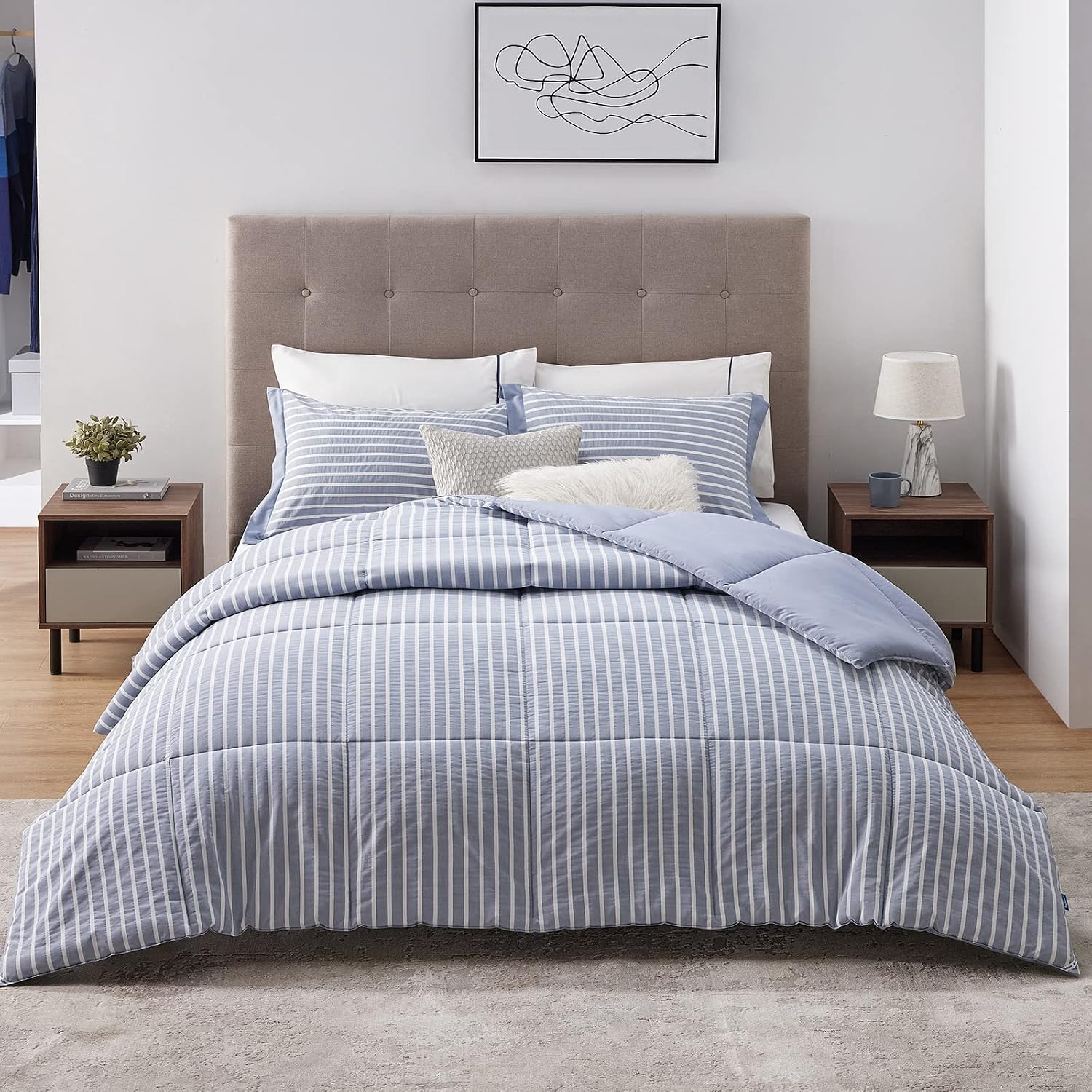 Bedsure Queen Size Comforter Set - Percale Stripes Down Alternative Blue Comforter Sets Box Stitching Duvet Insert, All Season Bed Set with 2 Pillow Shams (Queen/Full, 88x88'', 3 Pieces)