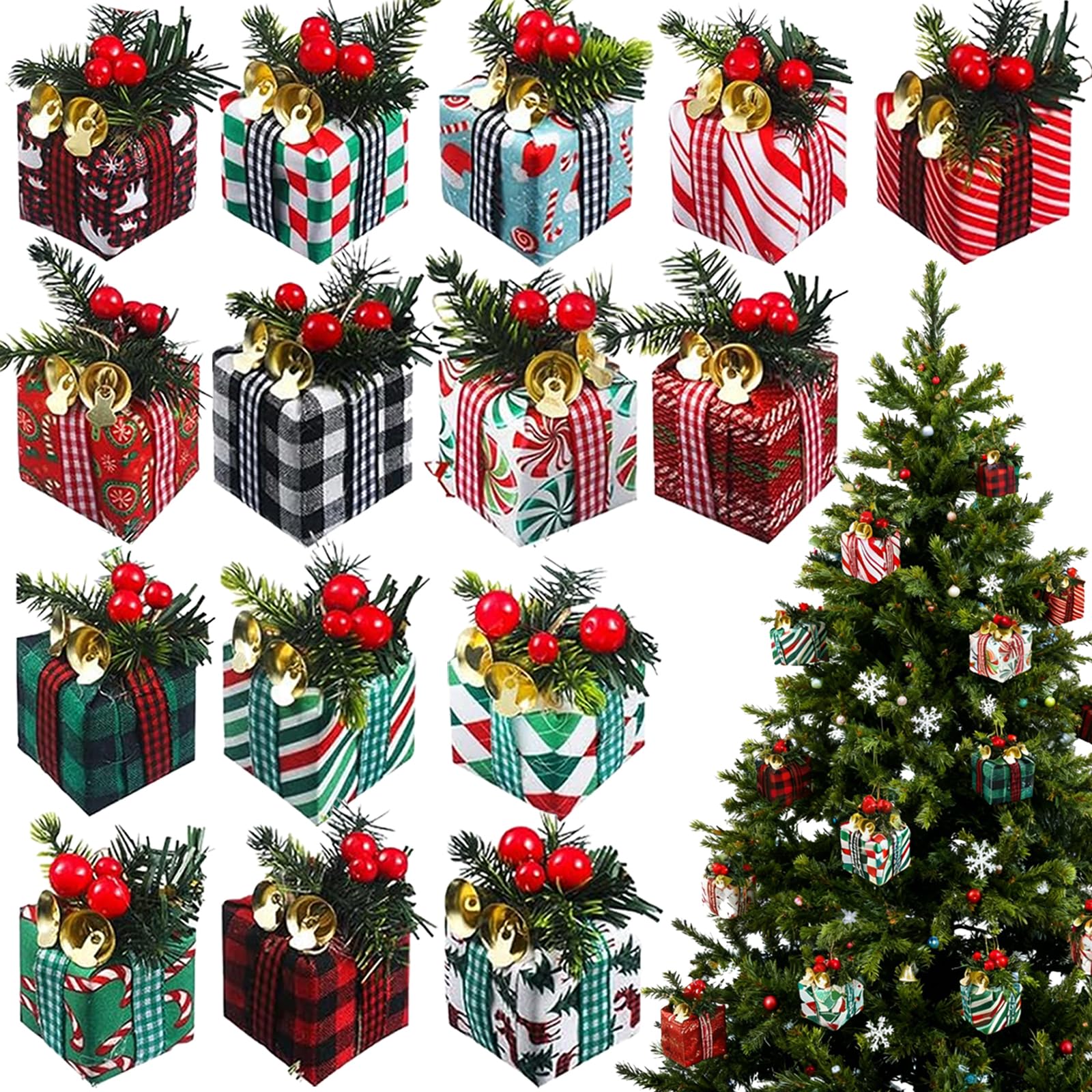 15 Pcs Christmas Tree Gift Boxes Ornaments Xmas Ornaments Present Boxes with Bell Red Berries Needle Miniature Hanging Christmas Ornaments for Xmas Tree Holiday Party Decor
