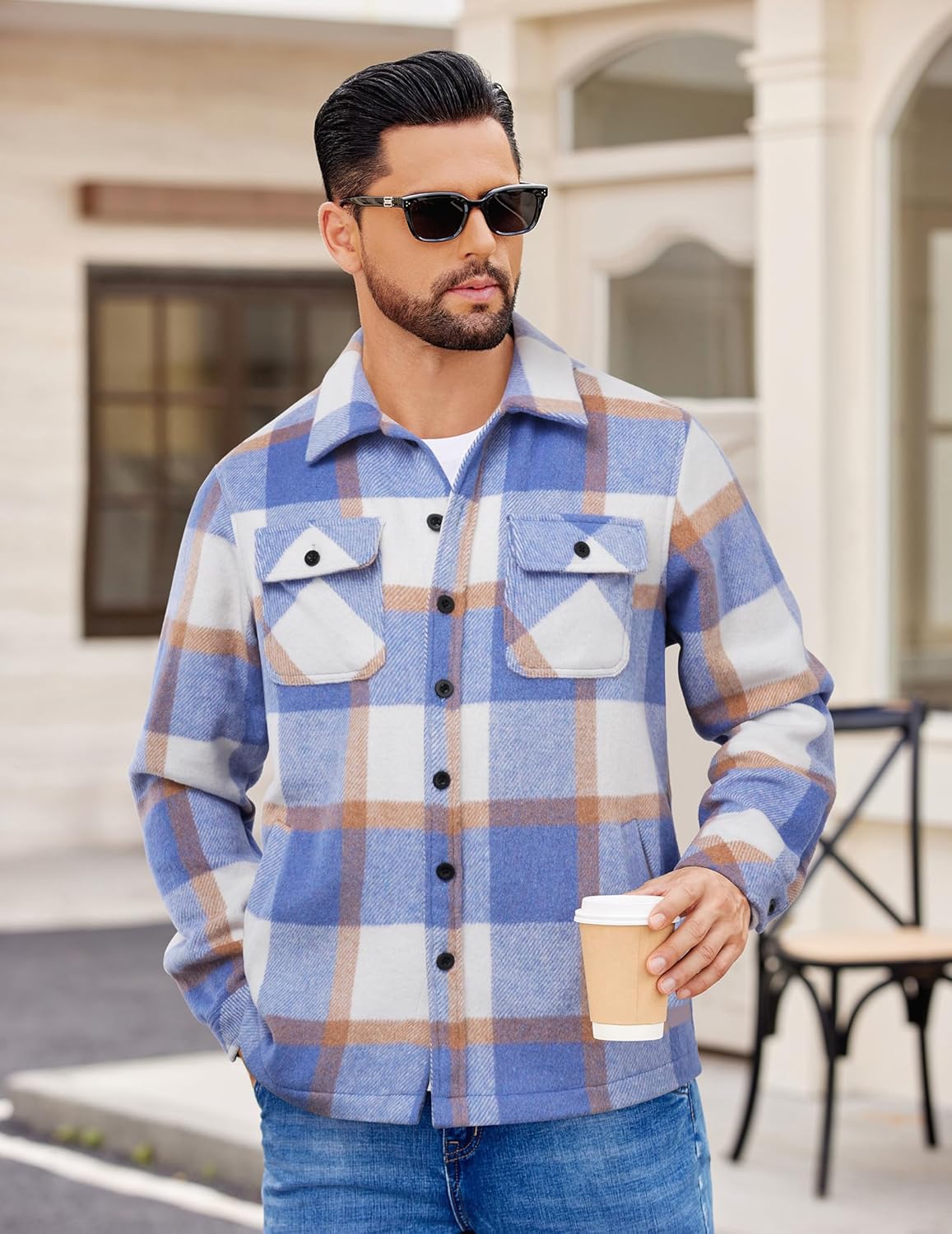 COOFANDY Men's Flannel Jacket Fleece Shacket Plaid Shirt Jackets Warm Thick Long Sleeve Button Down Fall Outwear - Image 2