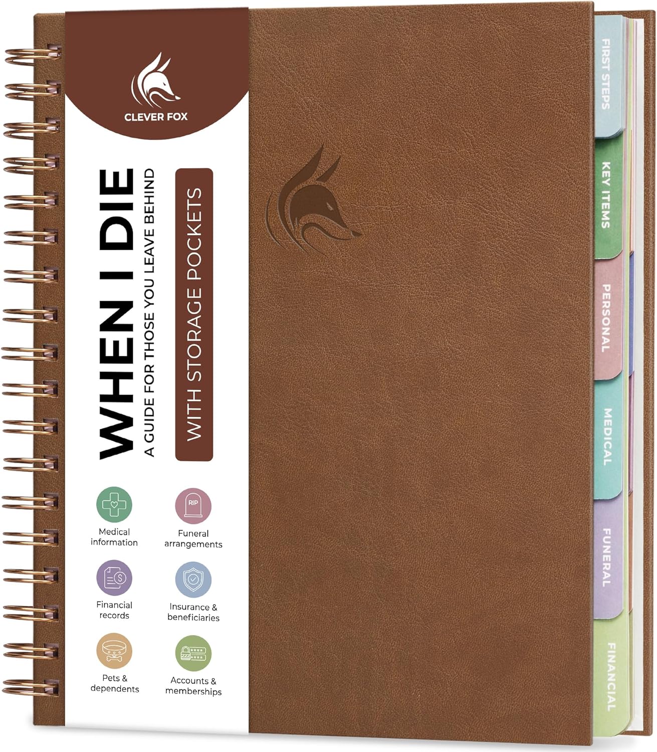 Clever Fox When I Die Planner With Pockets for Documents – End-of-Life Organizer Binder for Important Personal Info & Final Wishes (Brown)