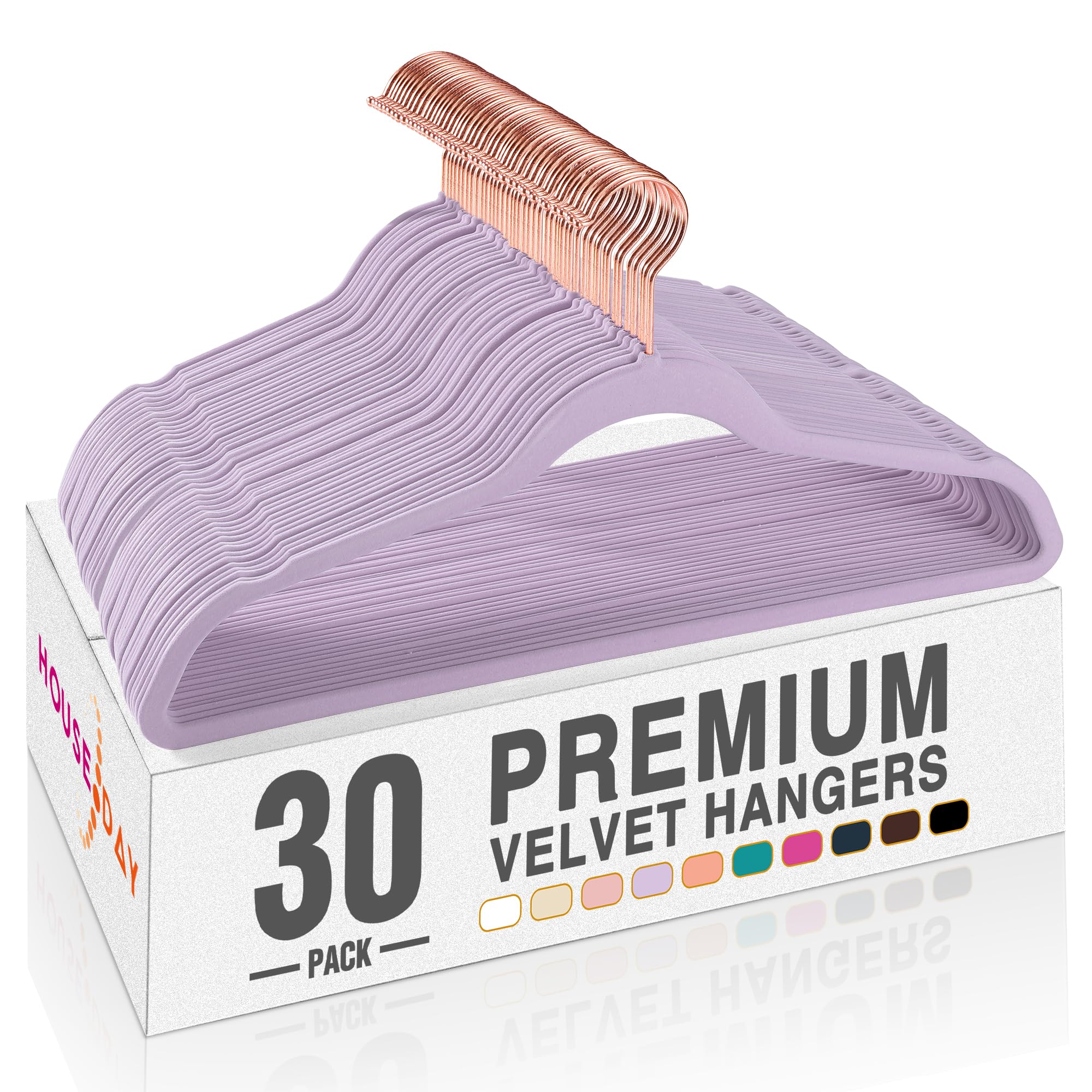 House Day Samt-Kleiderbügel, 30 Stück, Premium-Kleiderbügel, rutschfeste Filzbügel, stabile Violette Kleiderbügel, robuste Kleiderbügel, langlebige Anzugbügel, platzsparend, um 360 Grad drehbarer