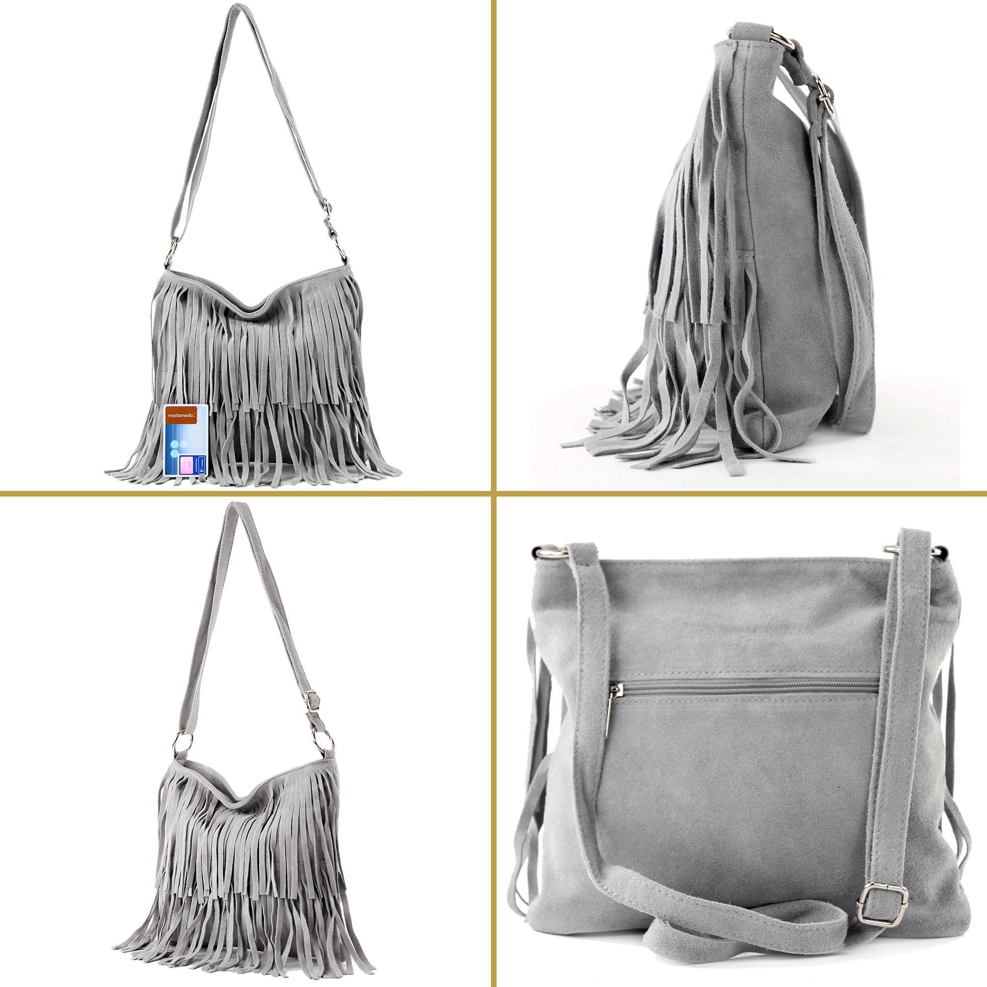modamoda de - T125 - Borsa a tracolla con frange in pelle scamosciata, pietra, M