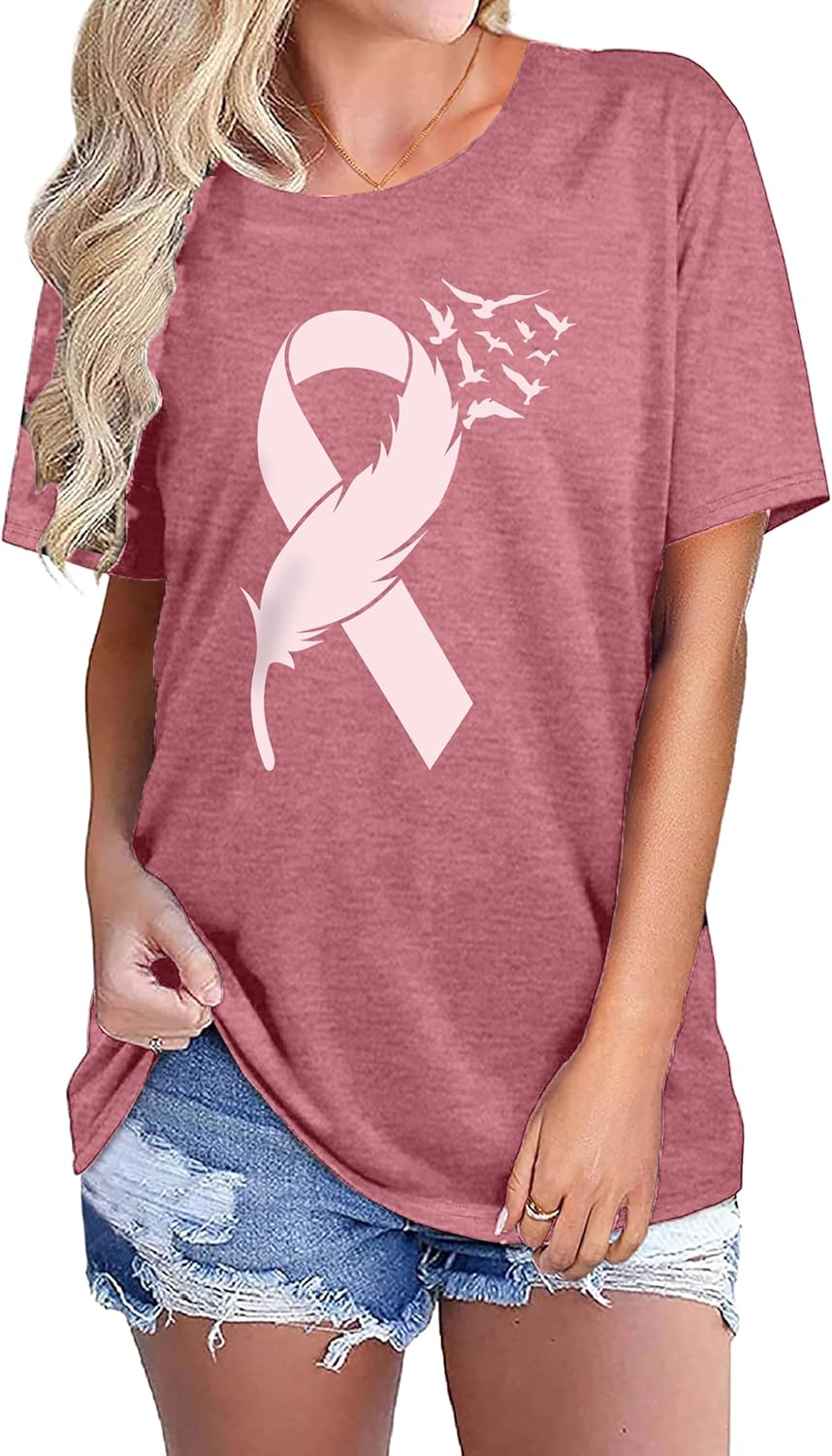 Pink Ribbon Shirts for Women Breast Cancer Awareness T-Shirt Inspirational Breast Cancer Short Sleeve Blouse Tops - Image 2