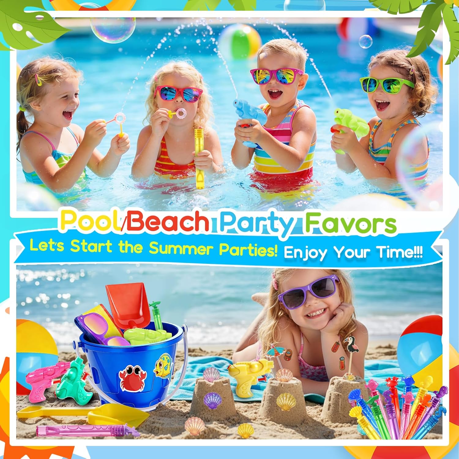 Pool Party Favors and Beach Party Favors 168pcs Summer Pool Toys for Party,Kids Ages 4-8 8-12, Including 12 Castle Mold Buckets, 12 Shovels,Beach Balls, Sunglasses, Bubble Wands