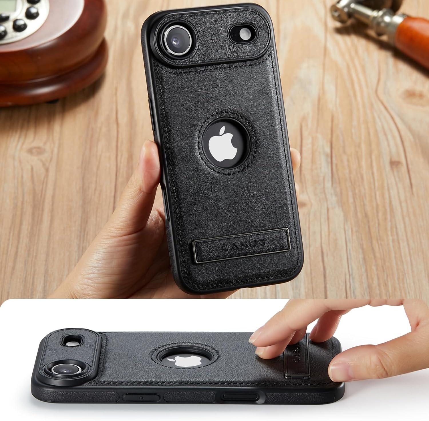 Casus Designed for iPhone Air Case Compatible with MagSafe Kickstand Vegan Leather Classic Luxury Elegant Thin Protective Cover with Tempered Glass Screen (2025) 6.5" - Black