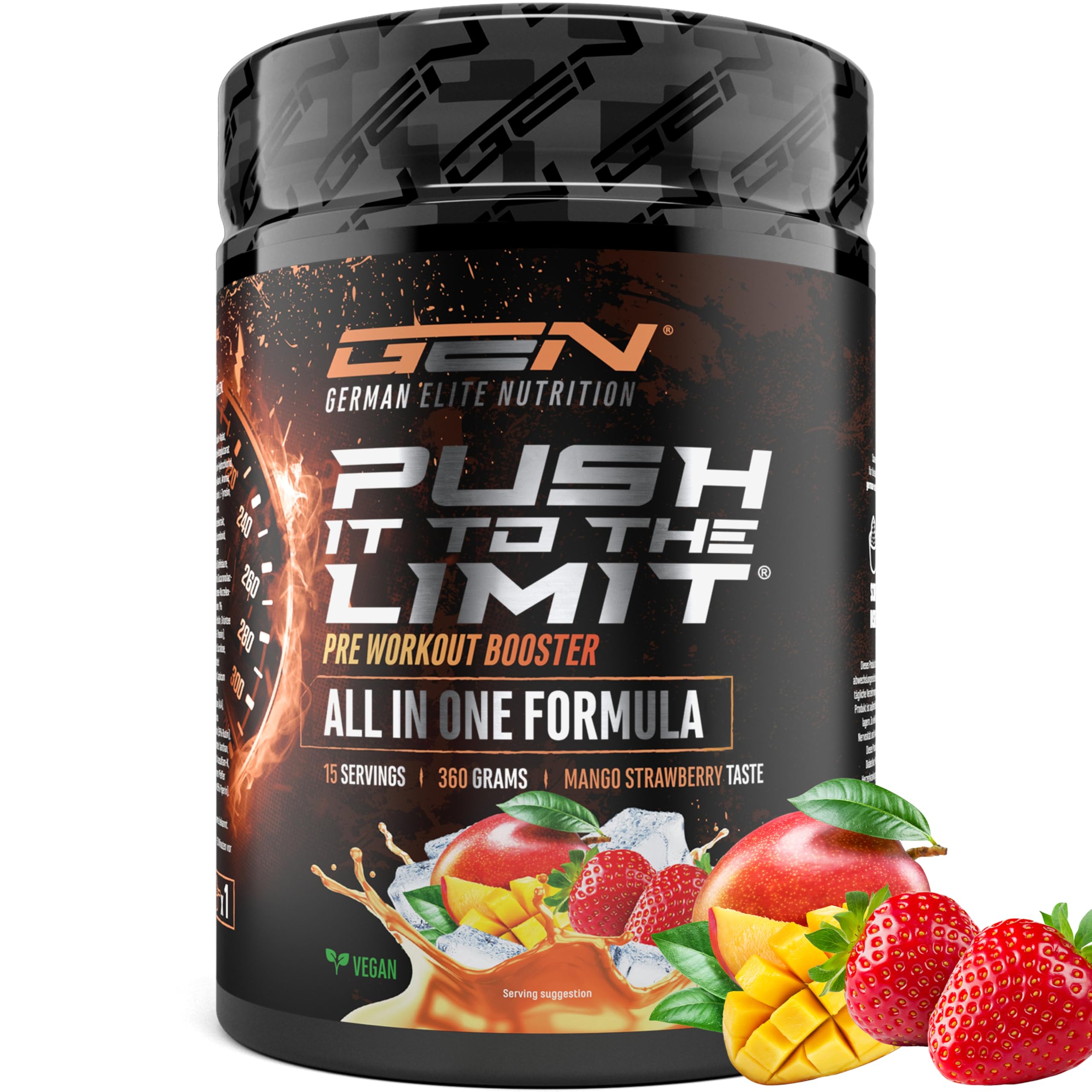 Push it to the Limit - Pré-Entraînement avec L-Arginine + Citrulline + L-Tyrosine + L-Théanine + L-Carnitine + AAKG + Taurine + Rhodiola Rosea + Caféine - Hautement Dosé - 360 g - Mangue Fraise