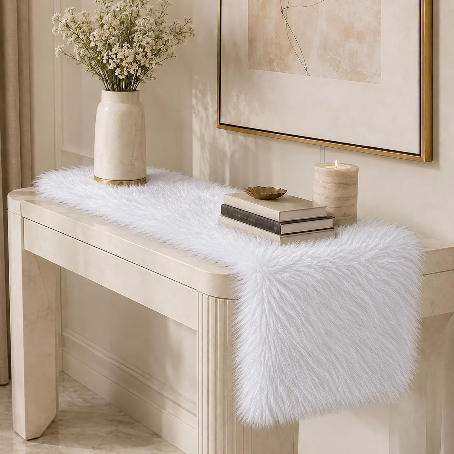 White Faux Fur Table Runner Christmas Table Decor 11.8 x 70.8 Inch image 5