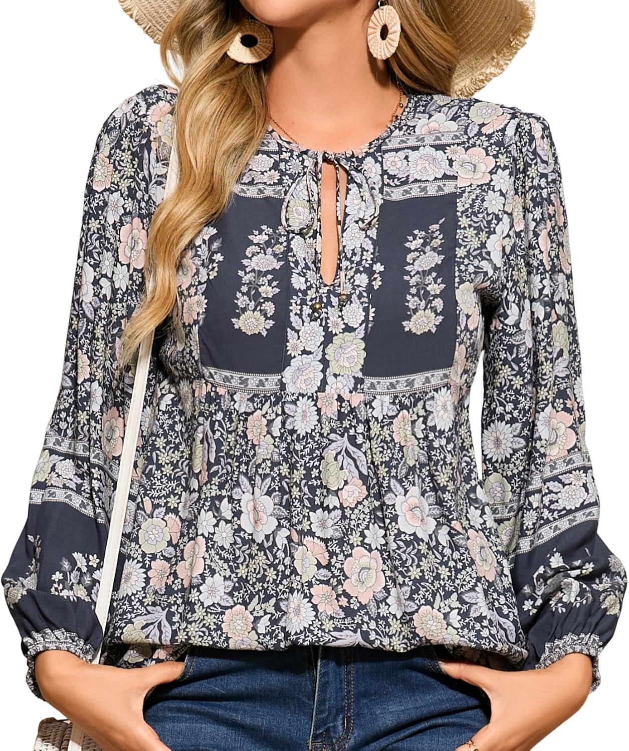 R.Vivimos Summer Boho Tops for Women 2026 Long Sleeve V Neck Floral Print Casual Loose Tunic Blouses Shirts - Image 2