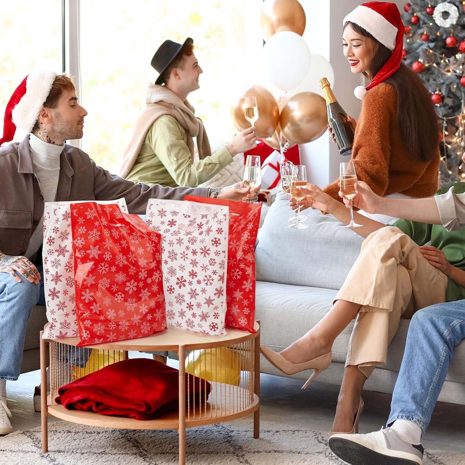 Eaasty 48 Pcs Christmas Plastic Gift Bags 16 x 12 Inch Red White Snowflake Merchandise Gift Bags with Handles Large Christmas Shopping Goodie Bag for Xmas Holiday Party Favor Gifts Wrapping - Image 4