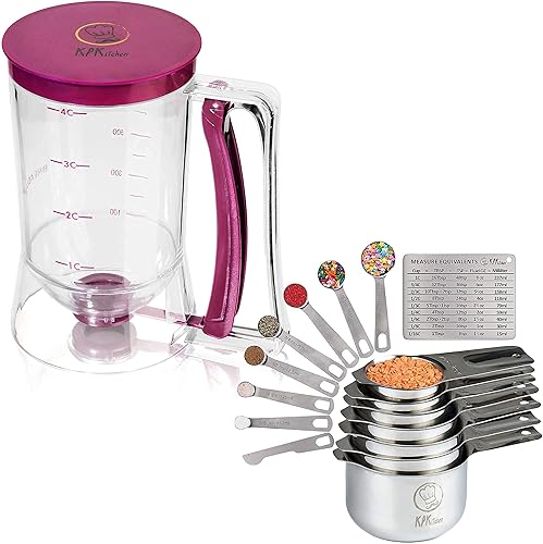 KPKitchen Dispensador de masa para panqueques y cupcakes y tazas medidoras y cucharas medidoras de acero inoxidable, juego de 14 – perfecto para