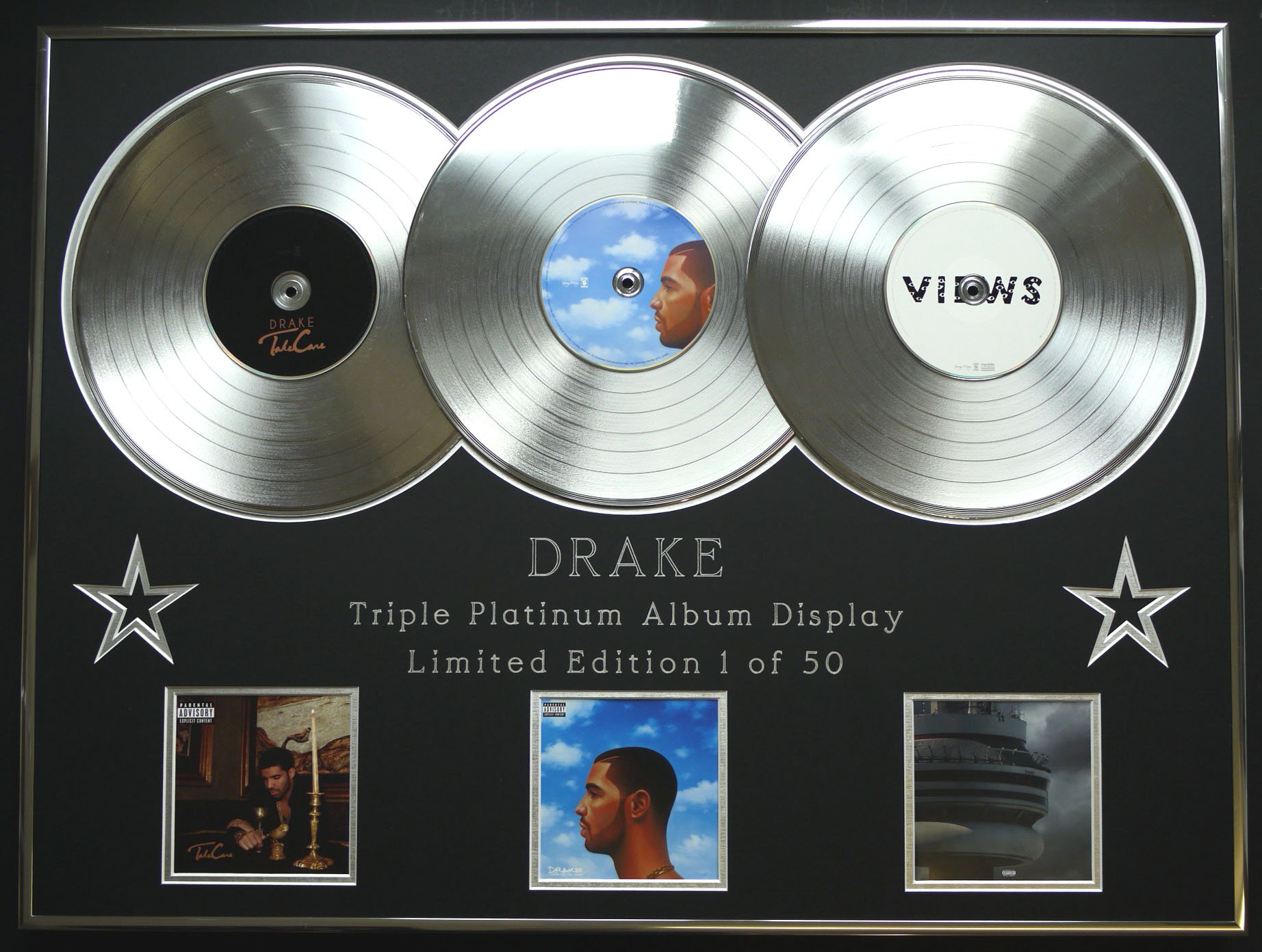 Platinum Triple Record Silver Drake/Triple Platinum Album Display/Take Care + Nothing Was The Same + Views/Coa