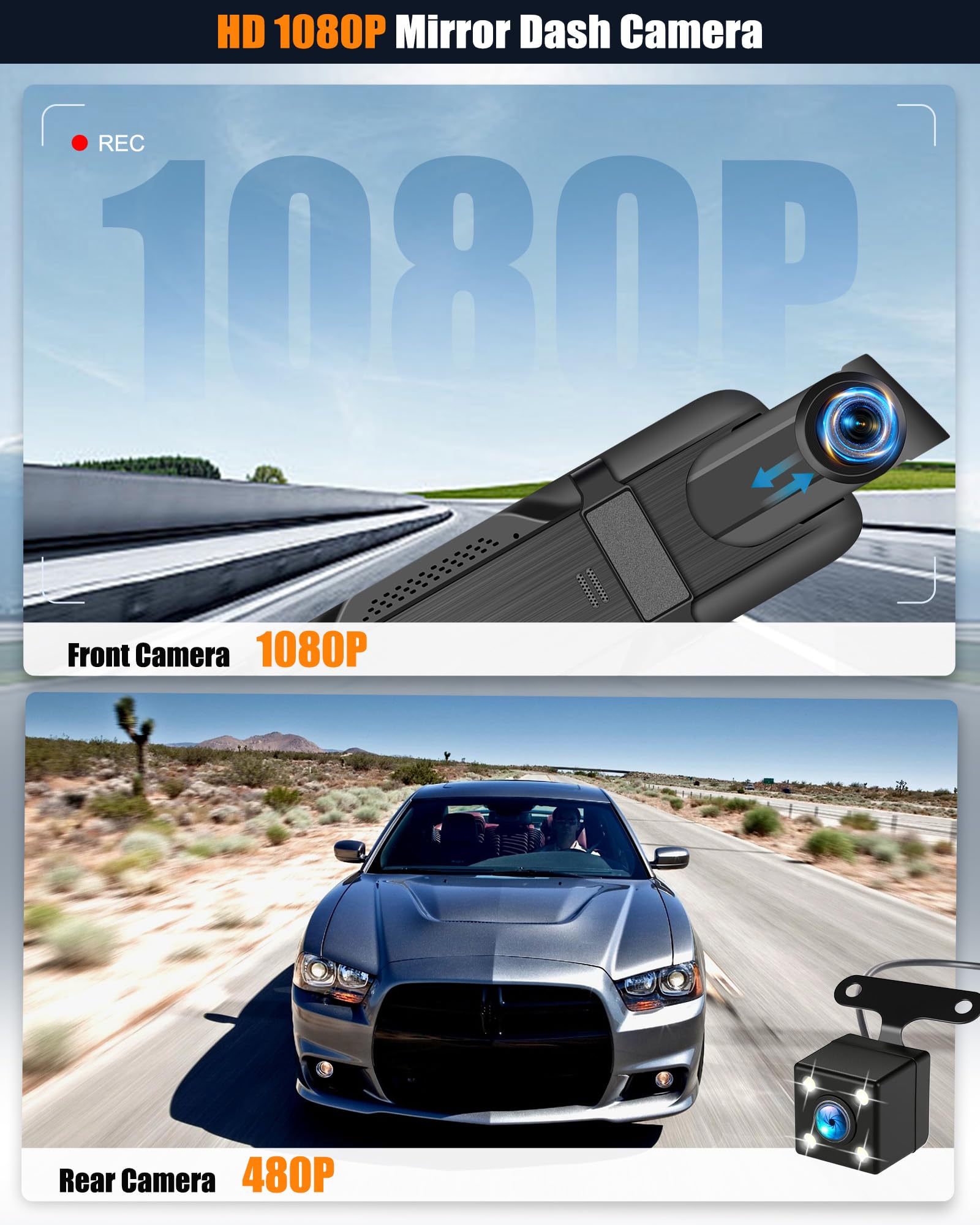 CAMECHO 1080P Rétroviseur 9.66 Pouces Dash CAM Voiture avec Caméra de Vision Nocturne, Avant 150° et Arrière Dashcam 120° avec Ligne Inverse, Enregistrement en Boucle, Angle Réglable