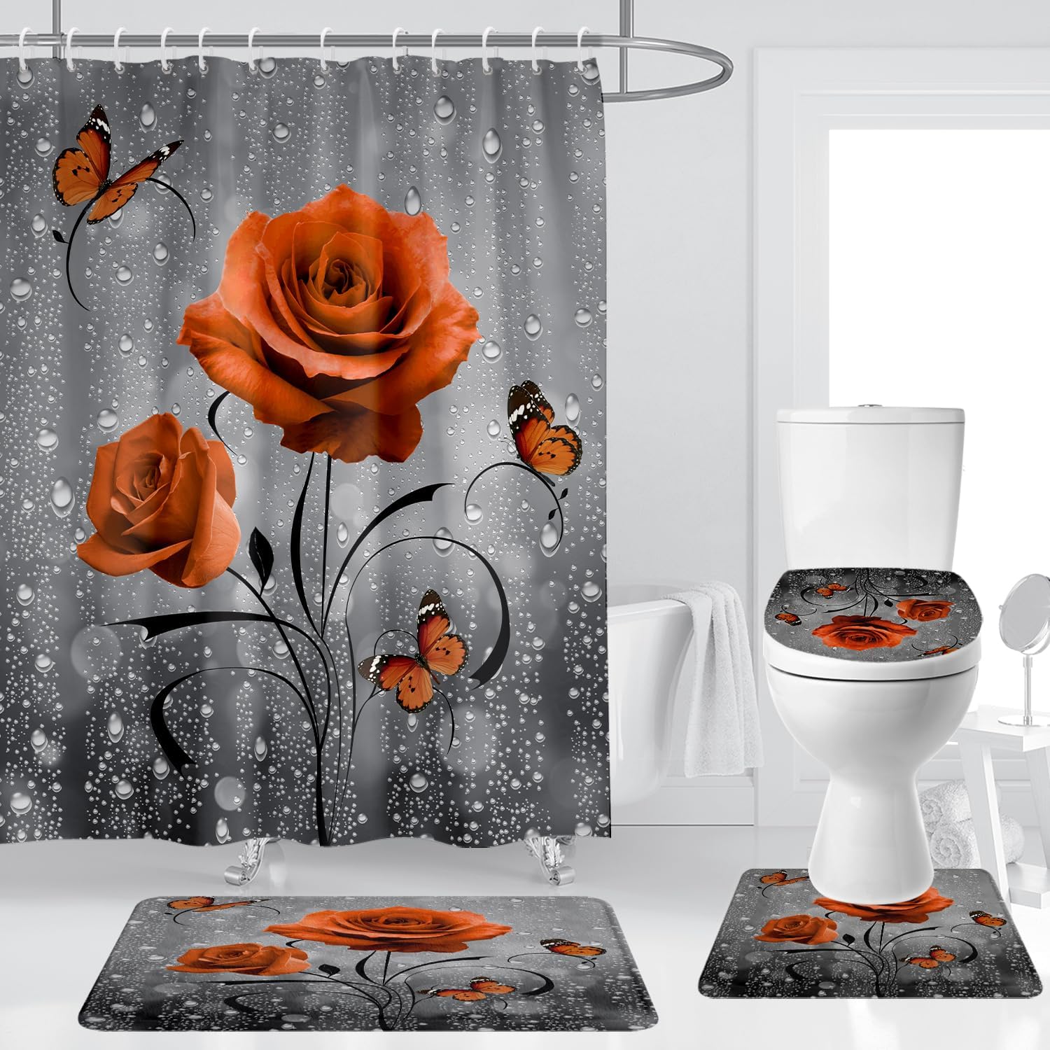 Pink Rose Shower Curtain Set 4PcsFloral Flowers Butterfly Gray Grey Coral Mauve Vintage Antique Elegant Bathroom Curtains Toilet Lid Cover U Shaped Mat Non-Slip Rug Fabric Polyester 60x72 Inch