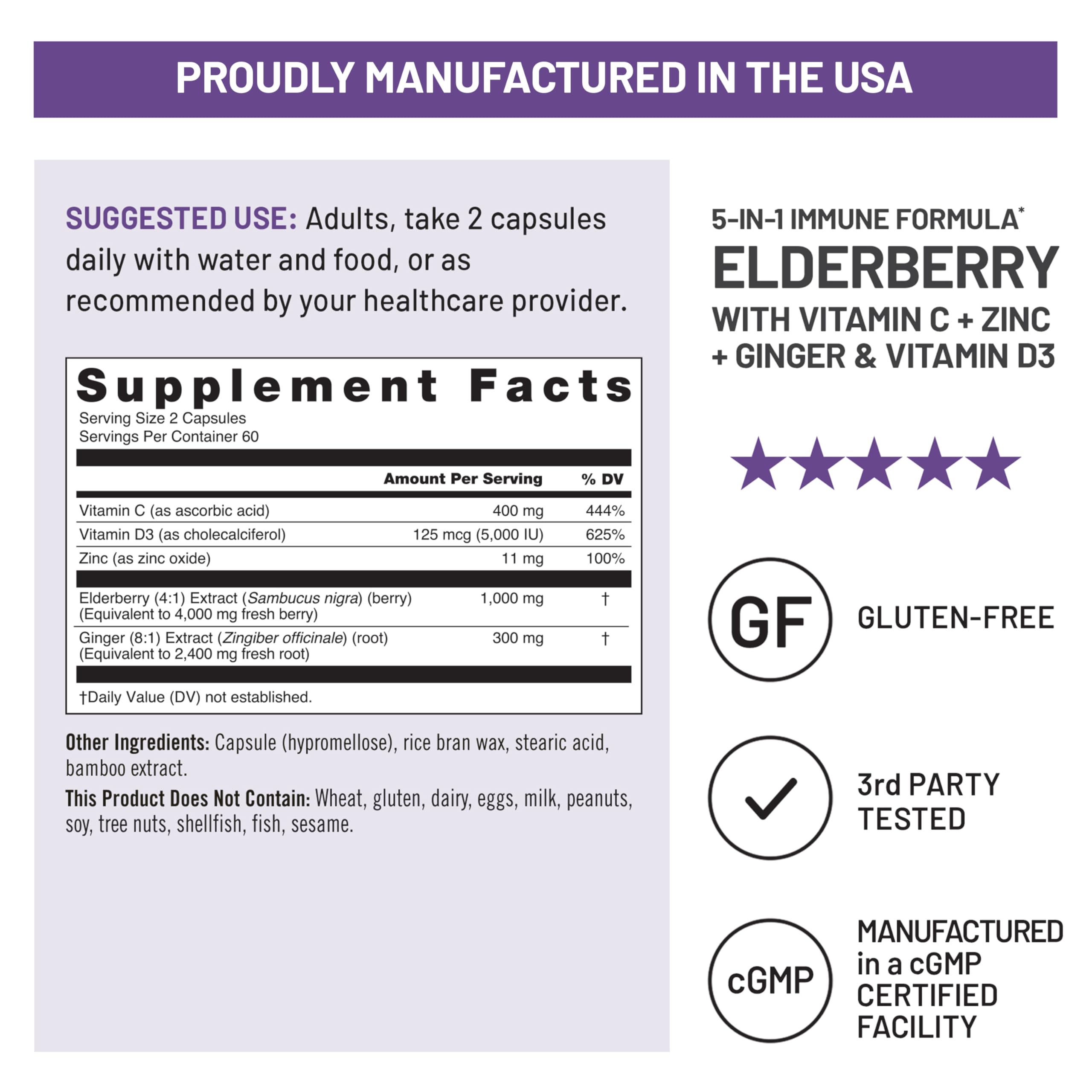 NatureWise Elderberry Vitamin C and Zinc for Adults - Sambucus Black Elderberry and Ginger & Vitamin D3 5000IU - 5 in 1 Immune Support - Non-GMO - USA Manufactured - 120 Veggie Capsules[60-Day Supply] — Amazon image 5