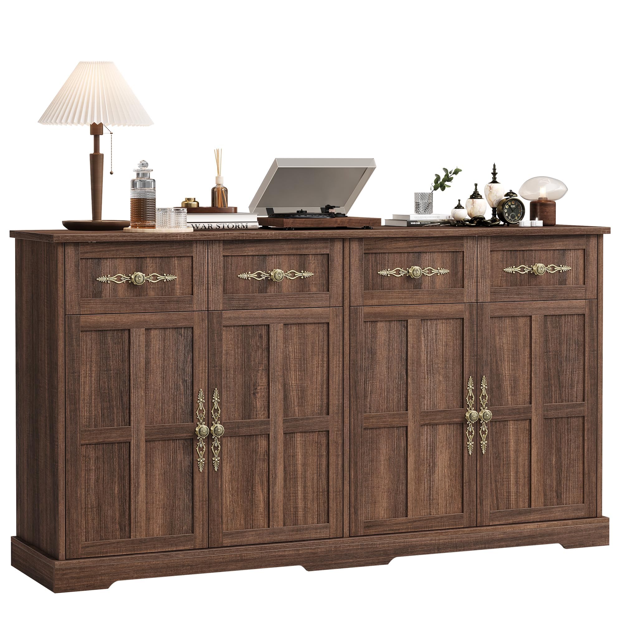 Photo 1 of [PARTIAL SET] Garvee 63" Large Buffet Sideboard with Storage, 36" Tall Kitchen Buffet Storage Cabinet with 4 Drawers, Modern Coffee Bar Cabinet with Gold Handles, Long Sideboard Buffet Table for Kichen, Brown
