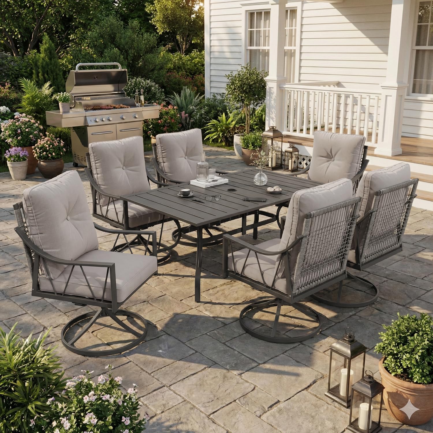 EROMMY 7-Piece Outdoor Patio Dining Set, 6 Wicker Swivel Rocking Chairs with 4" Cushions, Rectangular Table with Adjustable Umbrella Hole for Backyard, Deck, Black