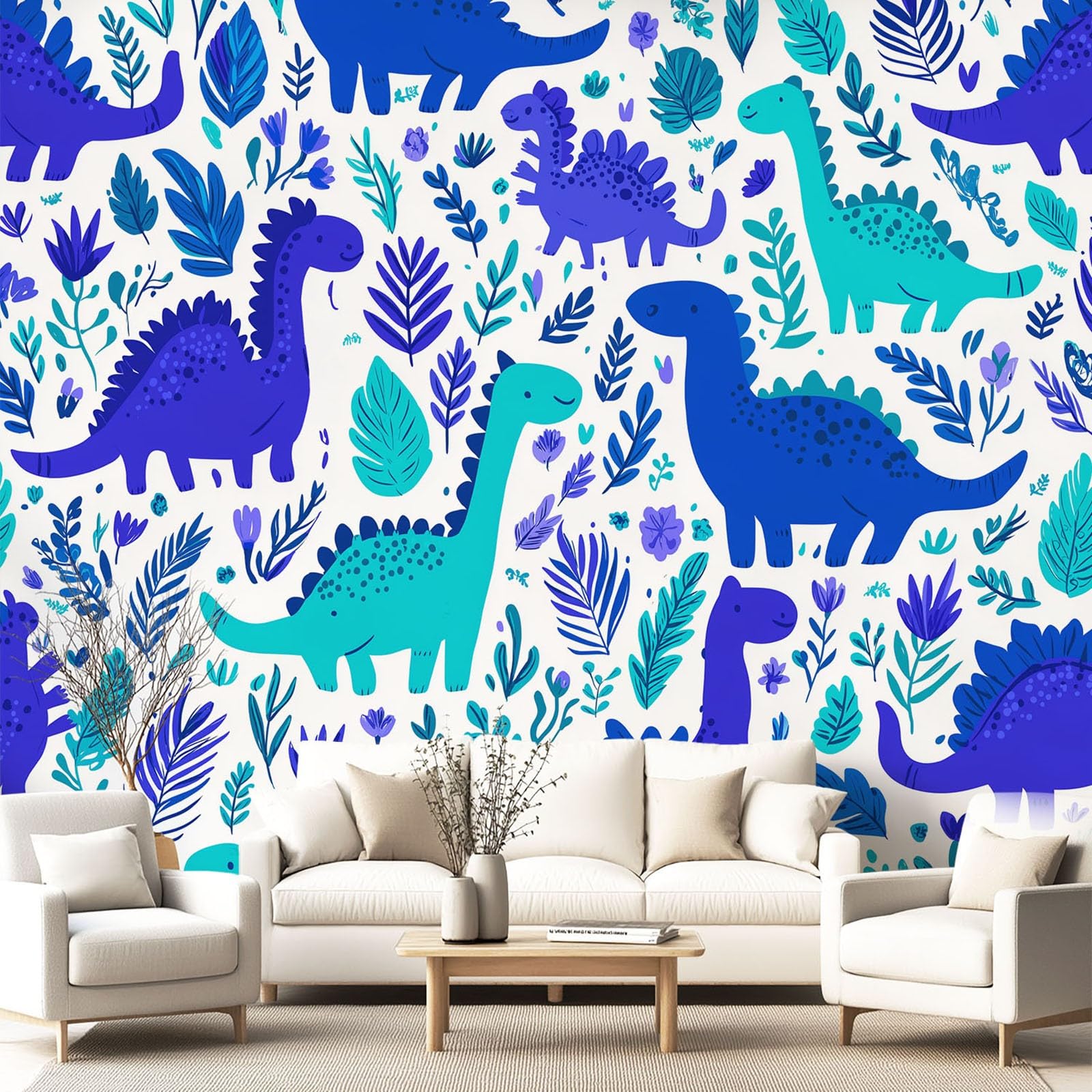 Tapeta 3D przytulna, zabawna, kreskówkowa, 315 x 215 cm, mural ścienny, dinozaur, zwierzę, niebieska tapeta do sypialni, przedszkola, malowniczego ogrodu