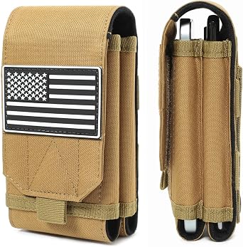 Tactical Molle EDC Phone Pouch Universal Dual Mobile Phone Holster Holder with US Flag Patch Coyote Brown