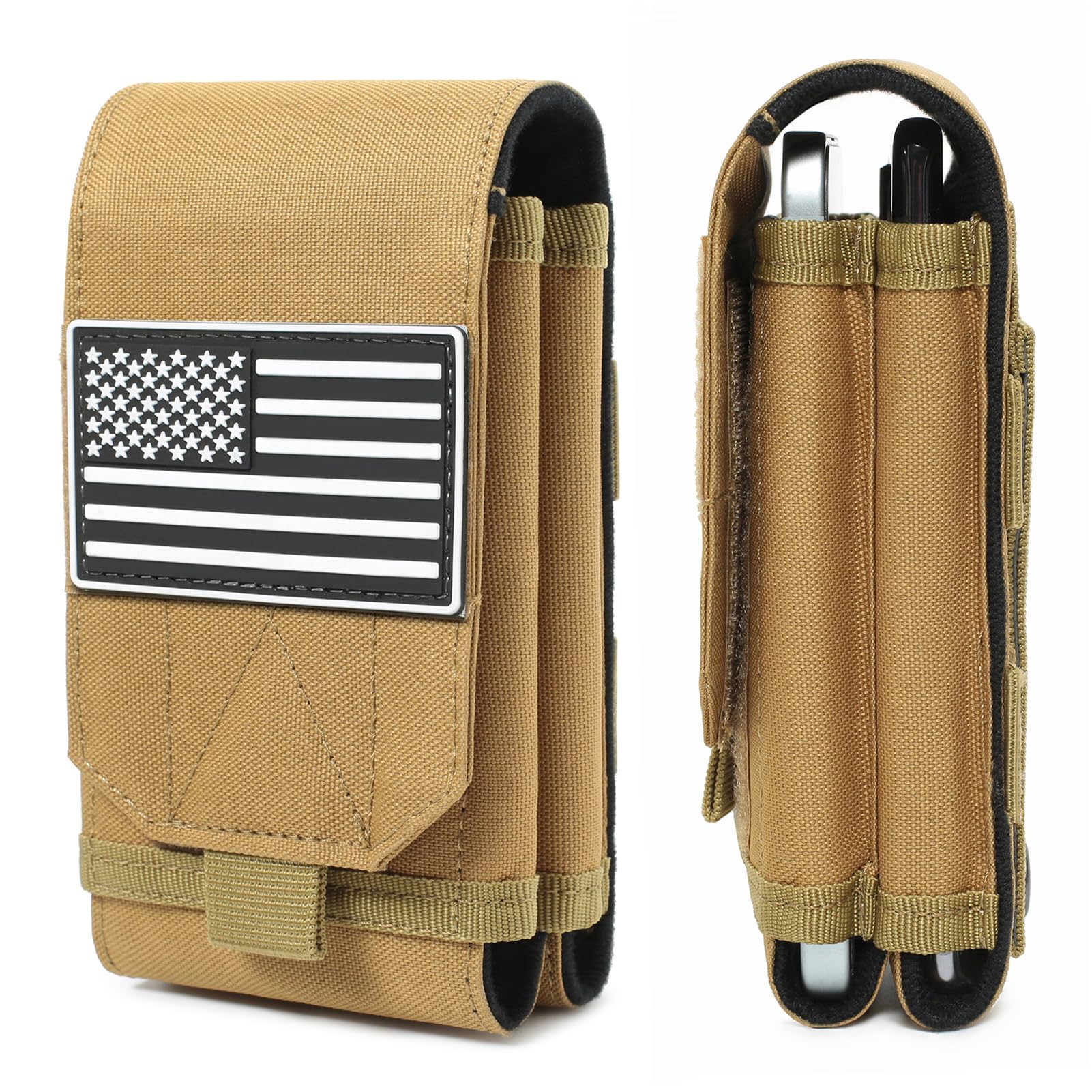 Tactical Molle EDC Phone Pouch Universal Dual Mobile Phone Holster Holder with US Flag Patch (Coyote Brown)