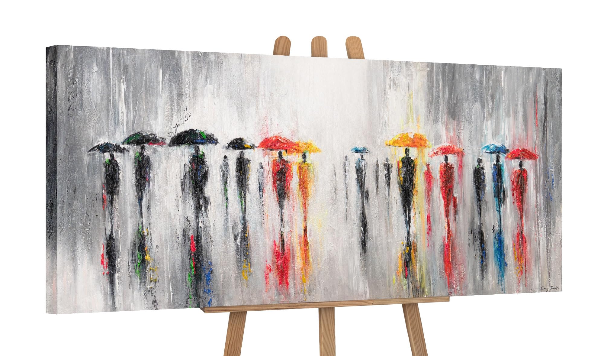 YS-Art Original Handmade Abstract Painting Rain Scene Colorful Umbrellas, Urban Cityscape Artwork, Wall Decor for Home or Office Interior 45x20 inch