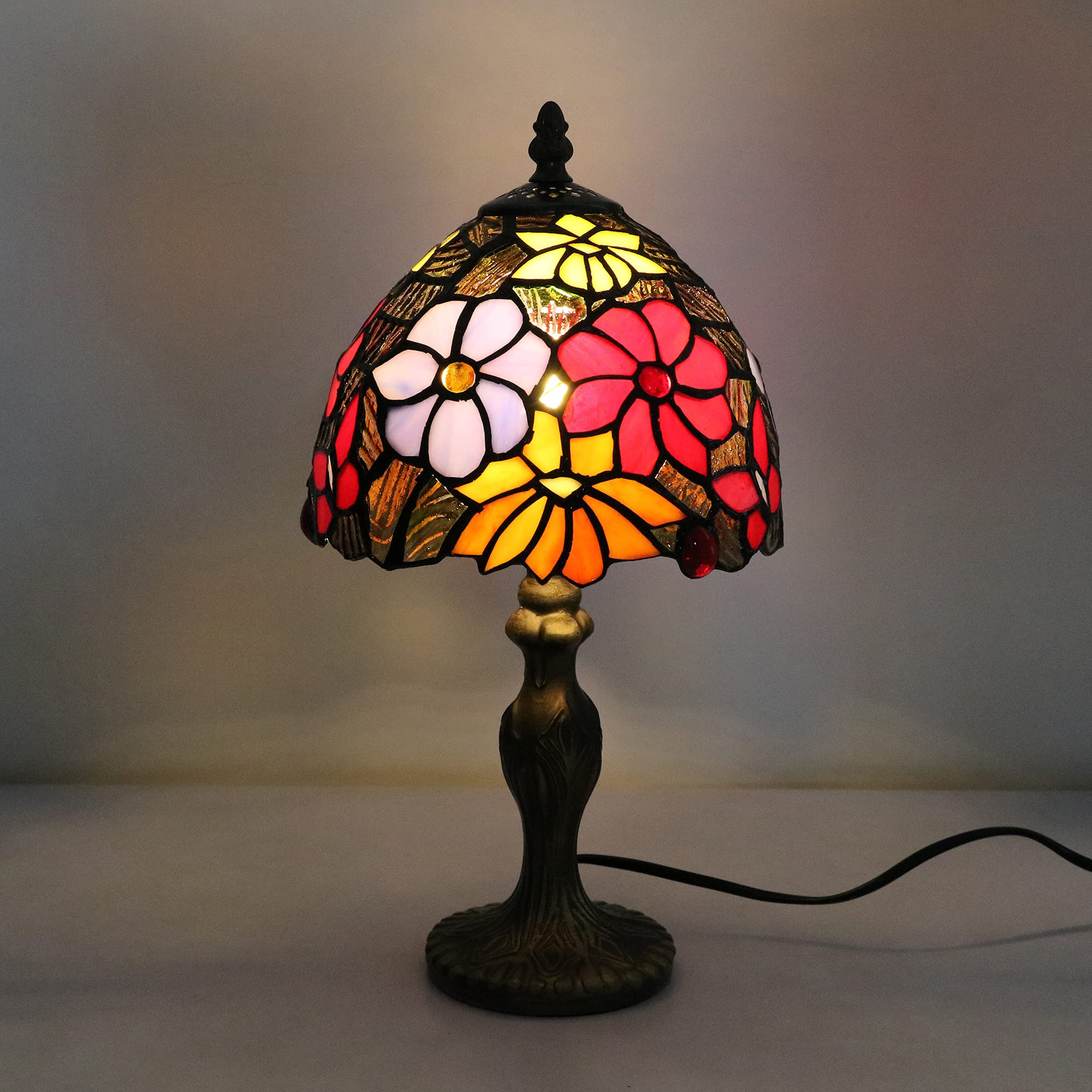 Tiffany Tischlampe, Glasmalerei Vintage Klein Tischlampe, E14 Rote Blume Kinderzimmer Deco Nachtlicht, Jugenstil Dellemade Tischlampe Schlafzimmer/Wohnzimmer [Ohne Glühbirnen]