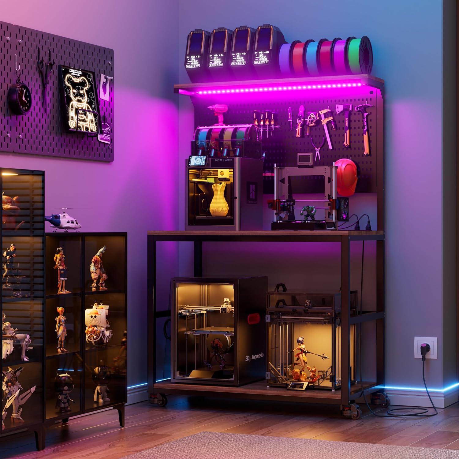 PAKASEPT 3D Printer Stand with Filament Storage Workbench,3D Printer Table with Charging Station & LED Lights,Heavy Duty Rolling Printer Desk with Pegboard for Workshop/Office/Garage