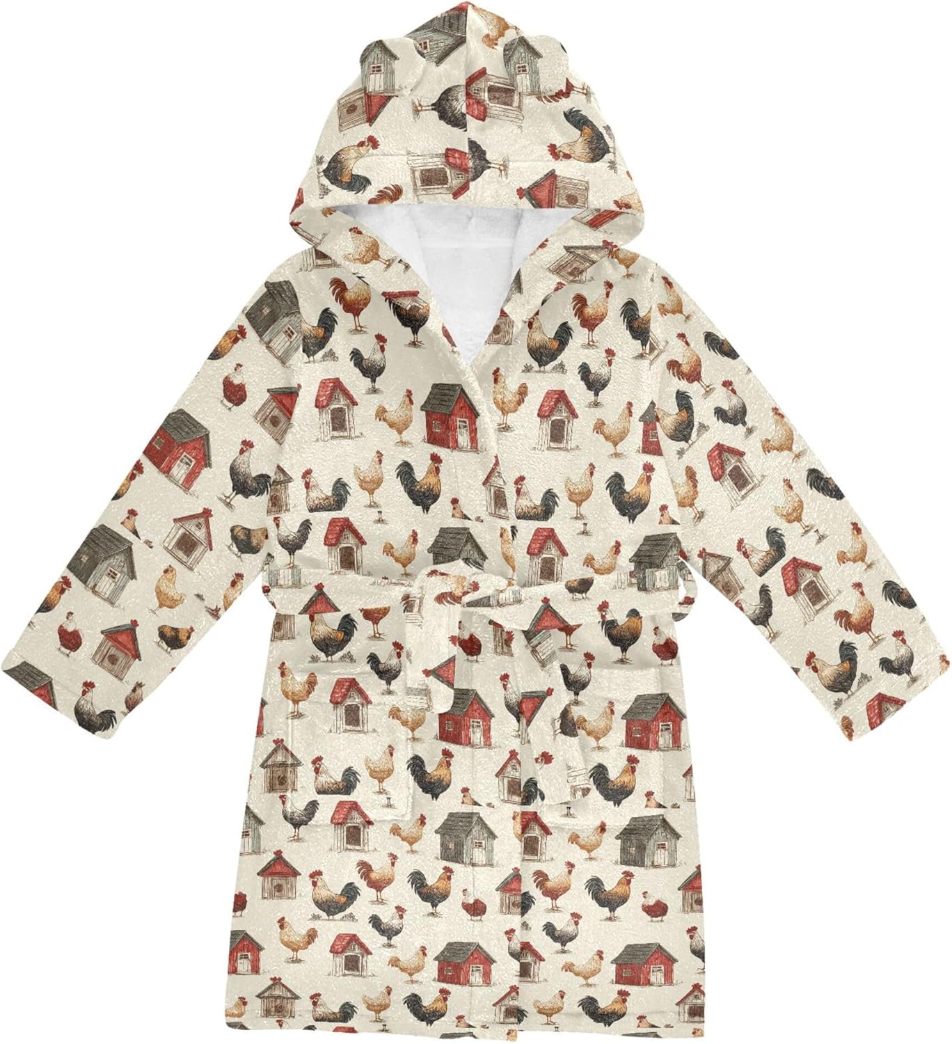 Vintage Farm Roosters and Huts Bathrobe Hooded PJ Robe Soft Fleece Robe Pajama Sleepwear 2-12 Years