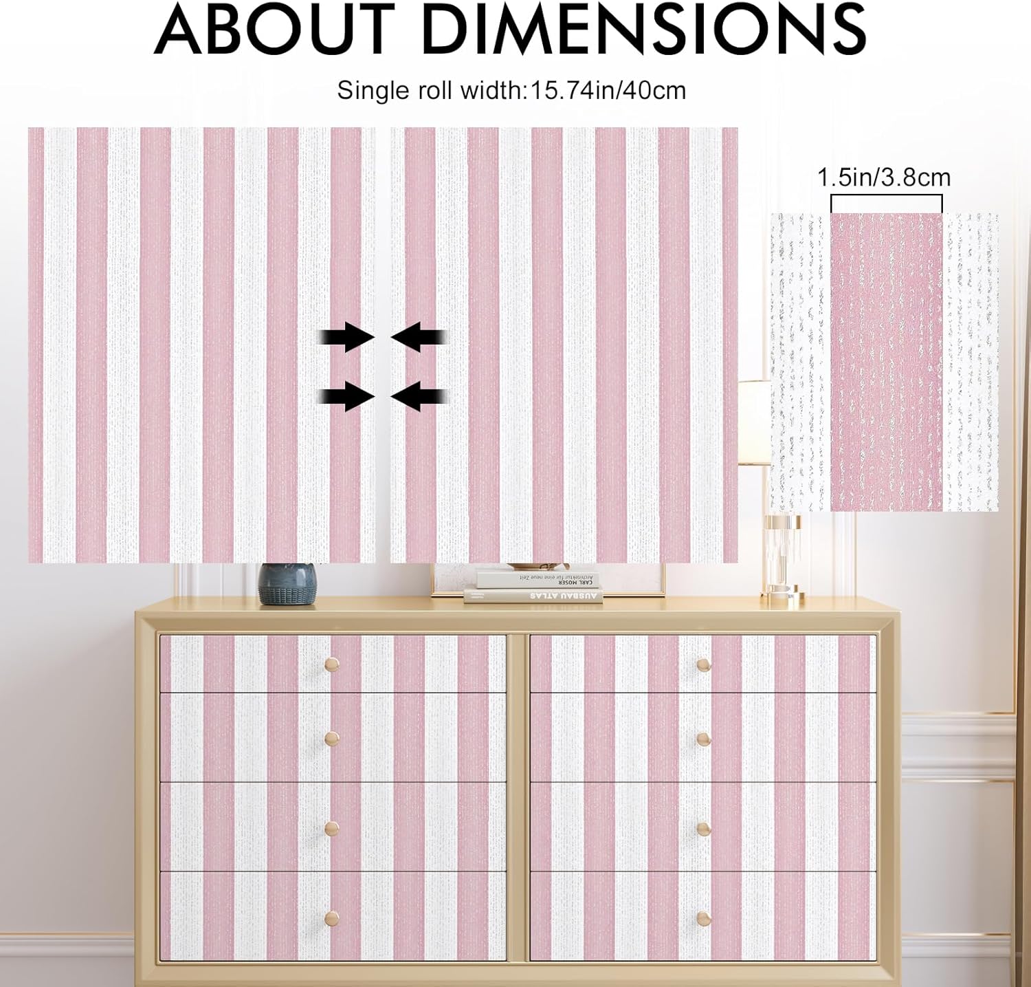 Pink Stripe Peel and Stick Wallpaper A Set of 15.7" x 472" Pink and White Self-Adhesive Wallpaper Removable Waterproof Contact Paper for Cabinets,Bedroom,Nursery,Accent Wall