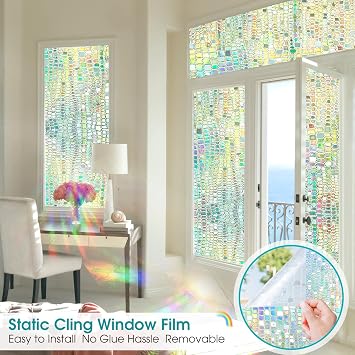 Windimiley Window Privacy Film Stained Glass Static Cling Decorative Rainbow Heat Blocking Window Tint Day and Night Stain Vinyl Decals for Home Bathroom