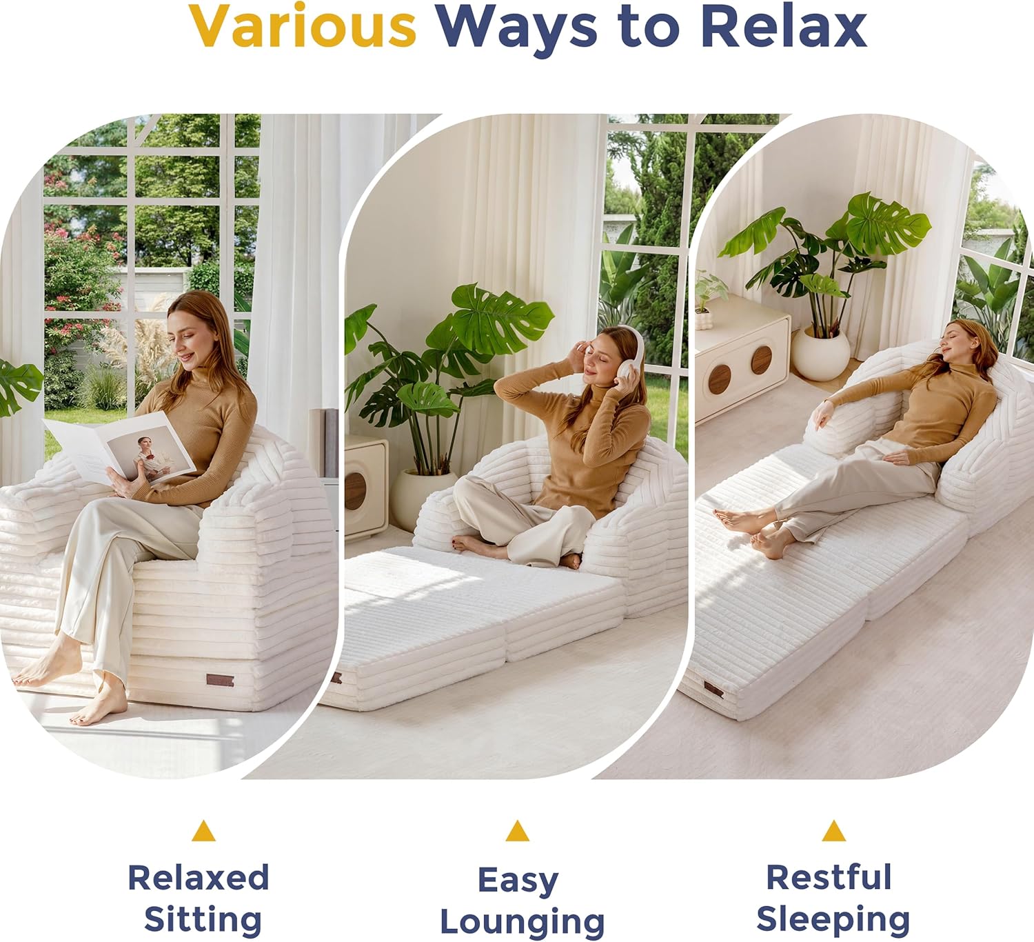 MAXYOYO Folding Sofa Bed, 2 in 1 Convertible Sofa to Lounger Comfy Faux Fur Bean Bag Chair for Adults, Floor Single Sleeper Couch Chair with Handle, Couch Bed for Living Room Bedroom, Beige