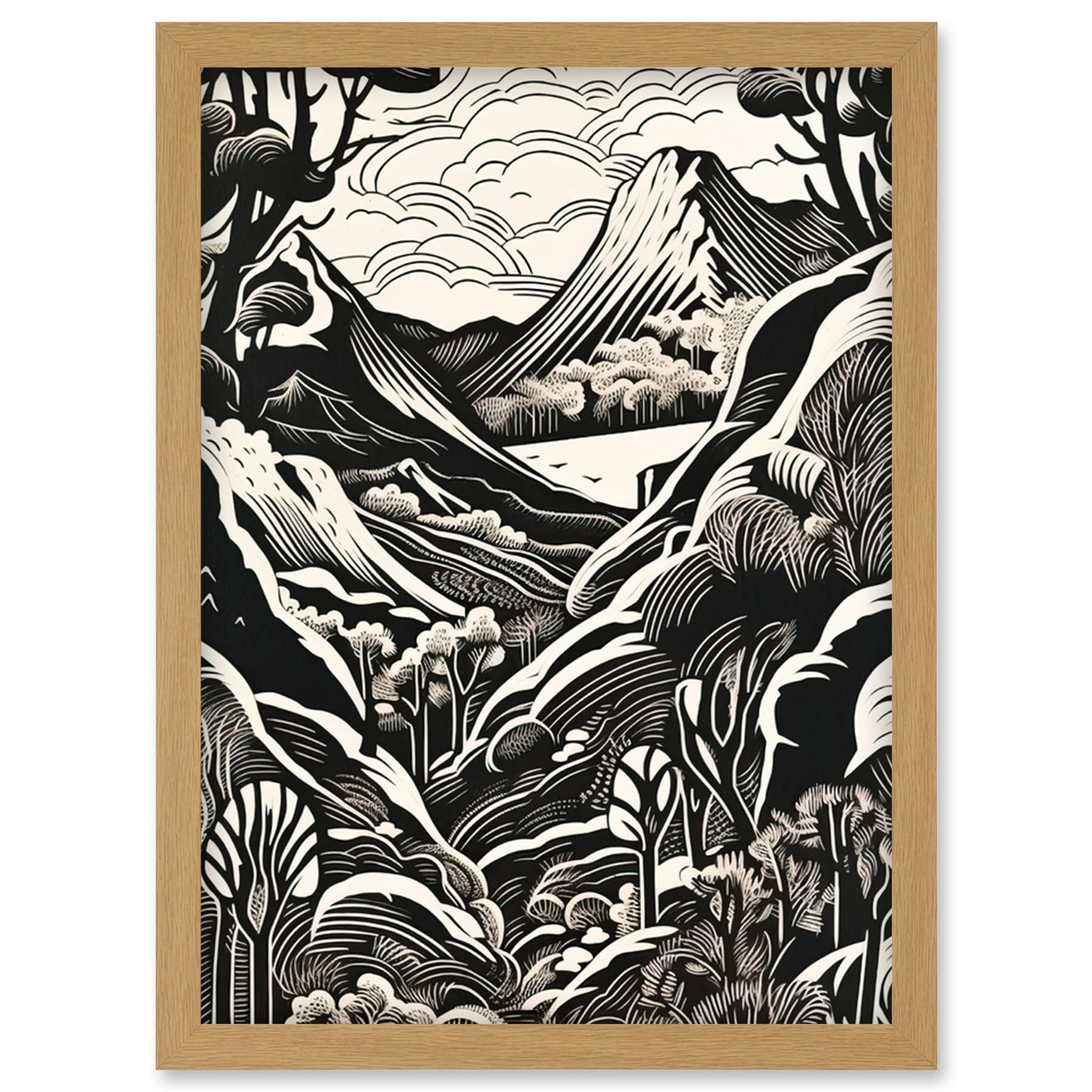 Artery8 Forest Mountain Landscape Black and White Linocut Artwork Framed Wall Art Print A4