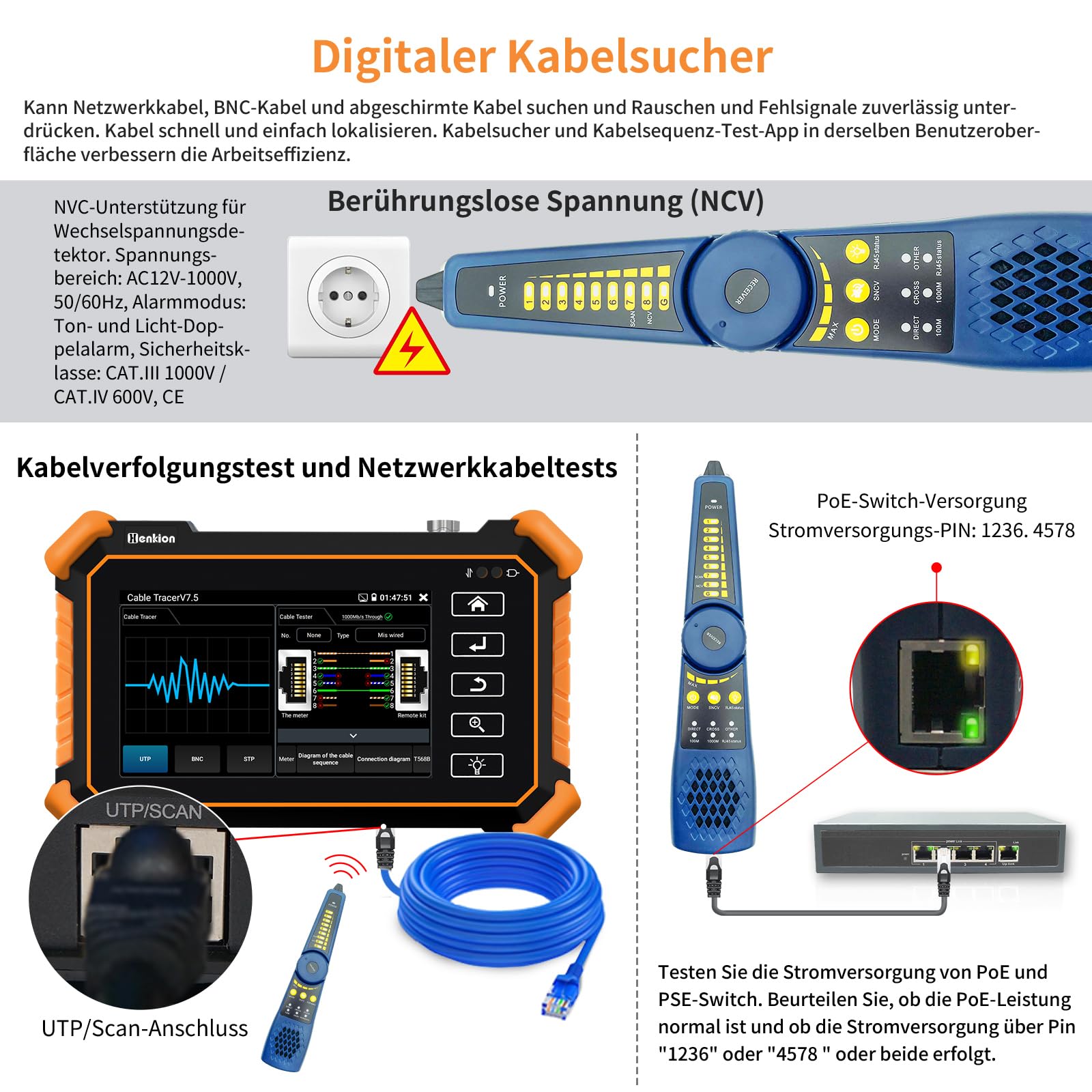 Henkion CCTV-Tester IPC-1910C Plus, 4-Zoll-Touchbildschirm Monitor, 8K 32MP IP und 4K 8MP TVI CVI AHD CVBS Kameratest, IPC Tester Unterstützung ONVIF RTSP POE PTZ WiFi RS485 mit Kabel-Tracker