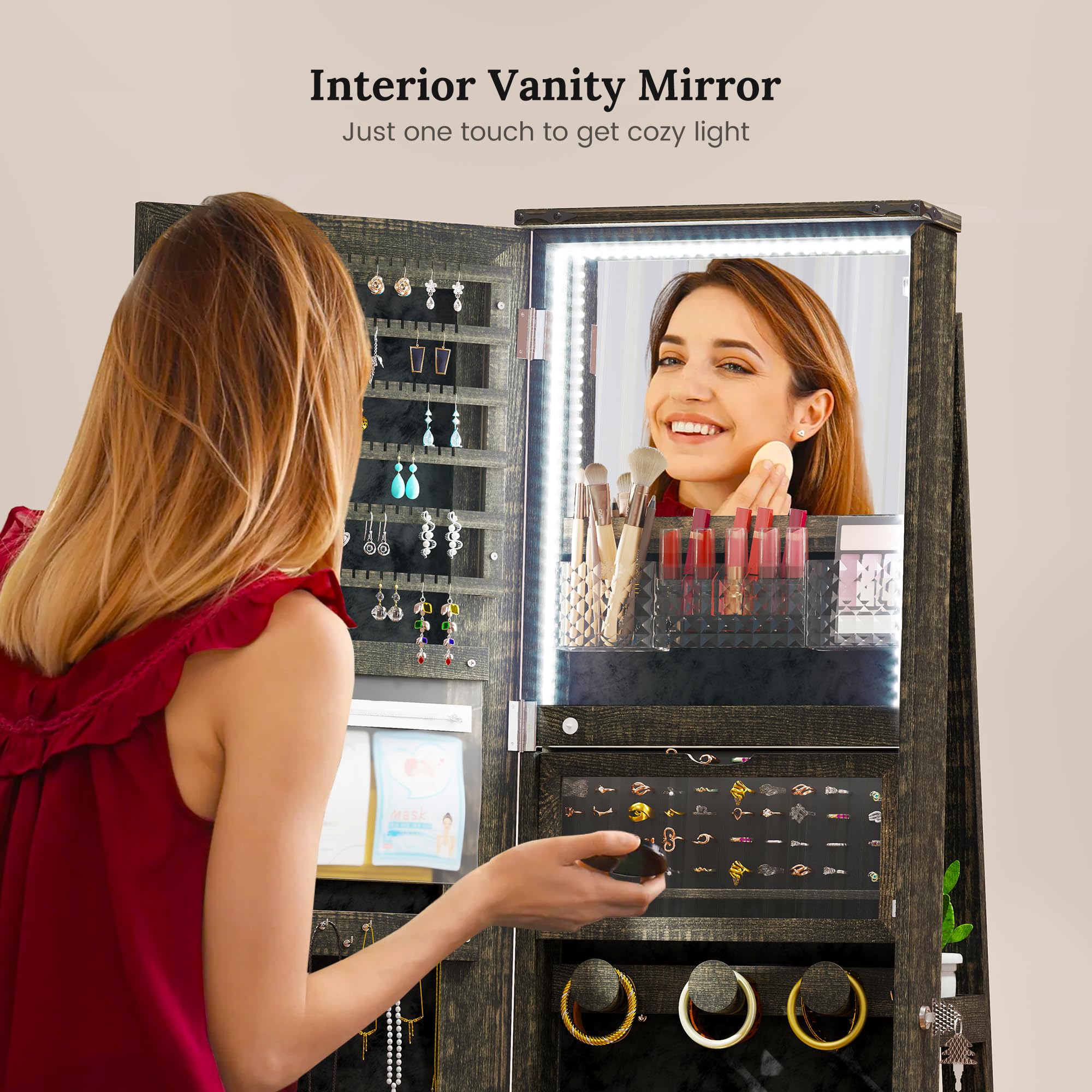 LVSOMT LED Mirror Jewelry Cabinet Standing, 360ยฐSwivel Jewelry Armoire with Full Length Mirror, Mirror with Jewelry Storage and Large Wooden Drawer for Christmas Gifts (): Rustic Grey