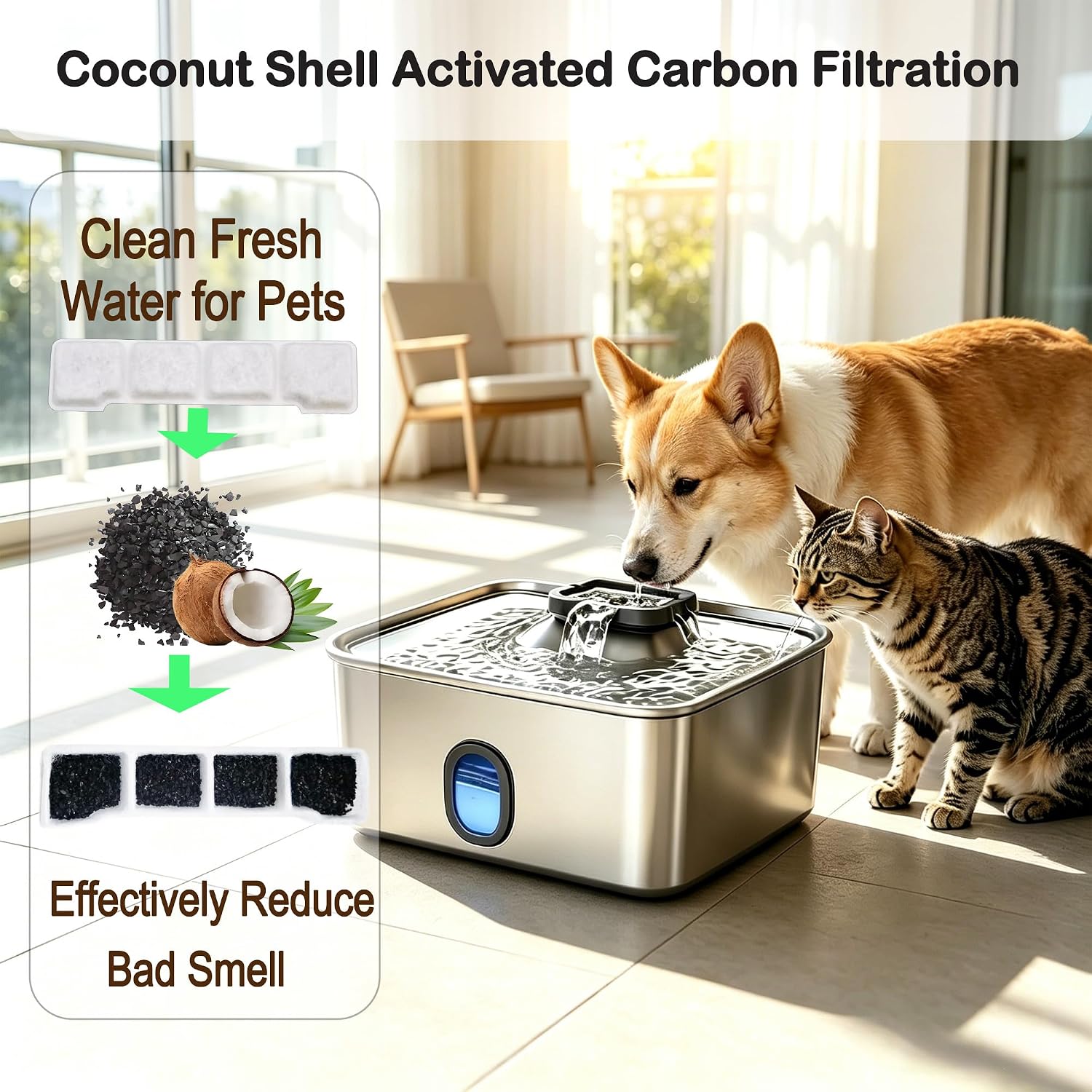 50-Pack Replacement Filters for SIBAYS Kastty 15L Dog Water Fountain | 16 complete assemblies & 2 brushes, fits 4Gal, 5-stage filtration, sponge coconut carbon fill, odor absorption, anti-clog