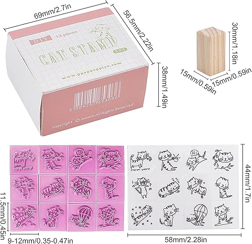 Miniatura 3 de CRASPIRE Sellos de goma de madera vintage con almohadilla de tinta y calcomanía, 12 piezas de sellos de goma montados en madera para manualidades,