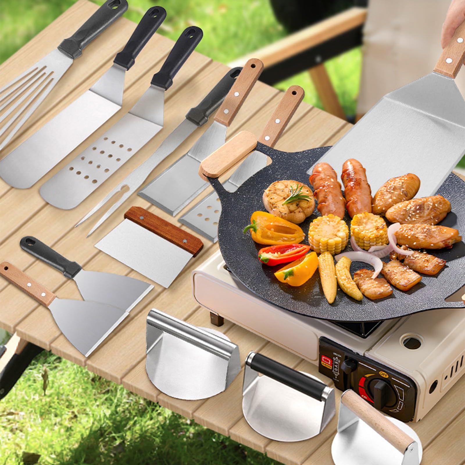 Juego de utensilios para barbacoa de 29 piezas, de acero inoxidable, mango de madera resistente al calor con bolsa organizadora, juego de herramientas para barbacoa indispensable con